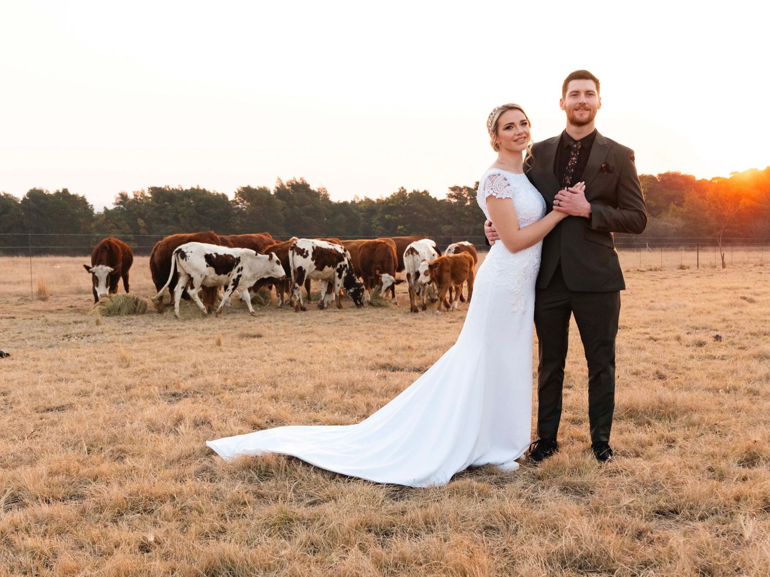 Bride and groom standing together in a field with cattle at sunset