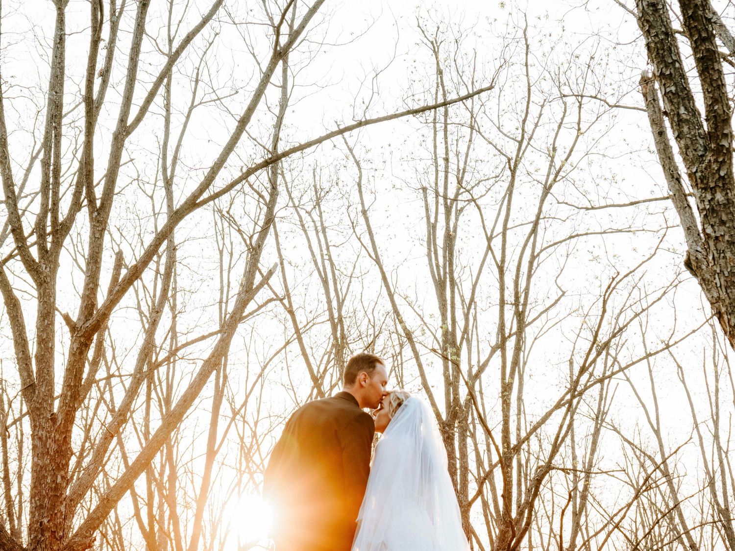 Bride and groom silhouetted among bare trees at golden hour