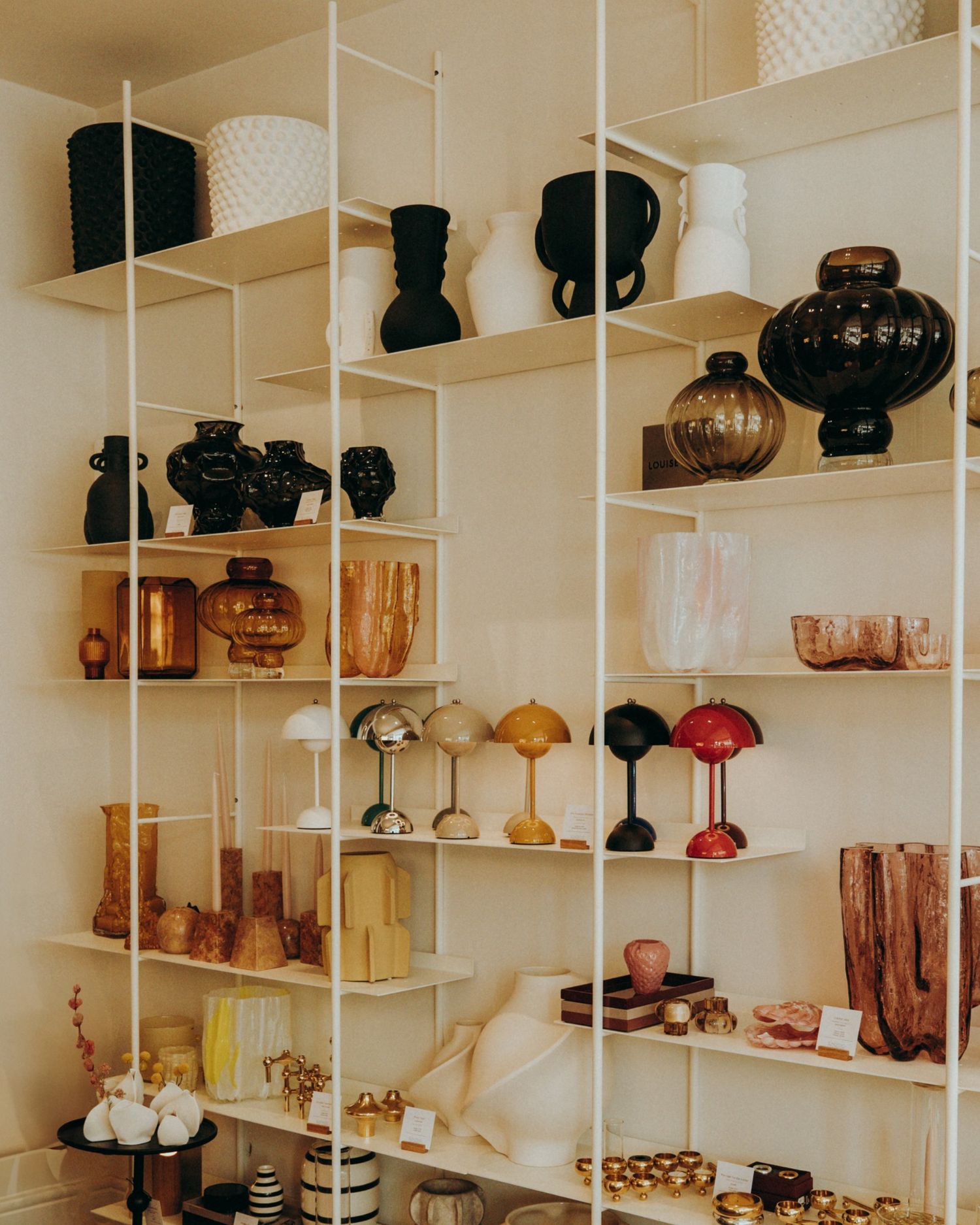 Modern interior shop display with sculptural vases and lighting, photographed in Dublin, Monkstown, Blackrock by Sigi Photography.