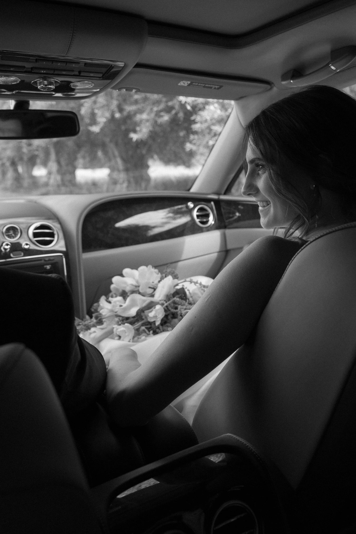 Black and white photo series showing interior of limousine with formal passengers seated in back during special occasion.