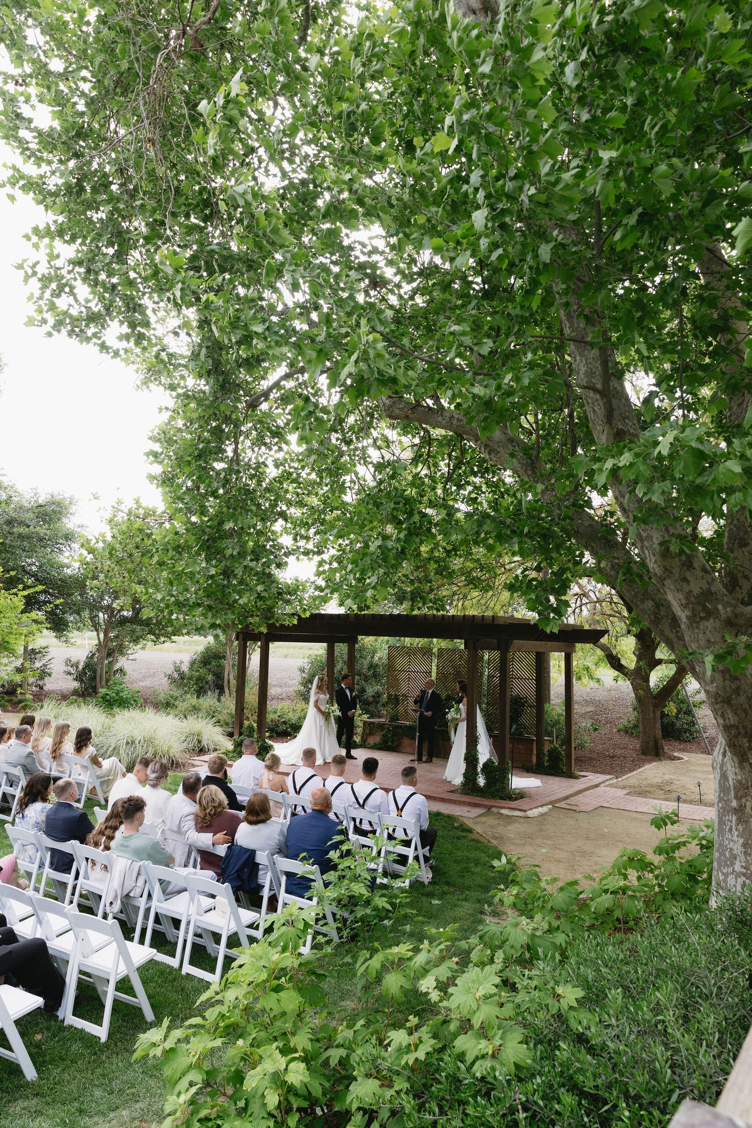 Outdoor garden wedding ceremony setup with white chairs under large trees and a wooden pergola.
