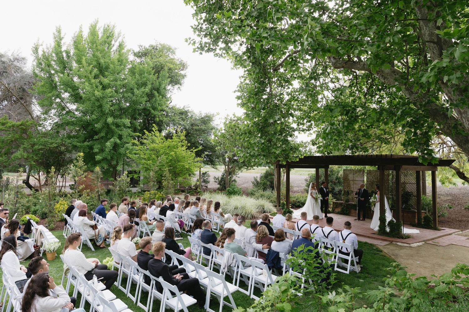 Guests seated in white chairs at an outdoor wedding ceremony surrounded by trees.