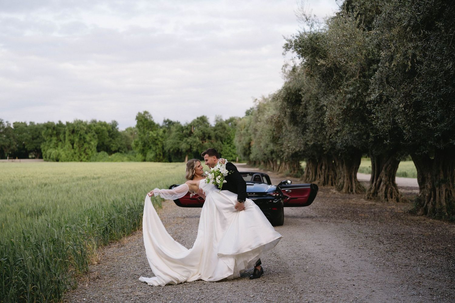 Panoramic wedding photo sequence in a natural outdoor setting with trees and fields.