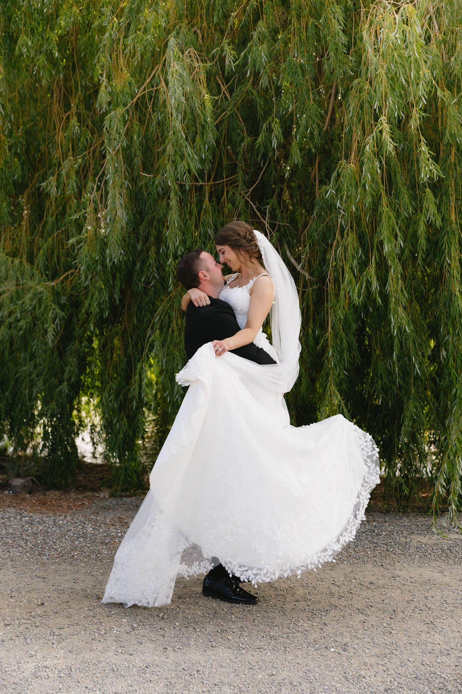 A romantic dance dip between newlyweds beneath a weeping willow tree.
