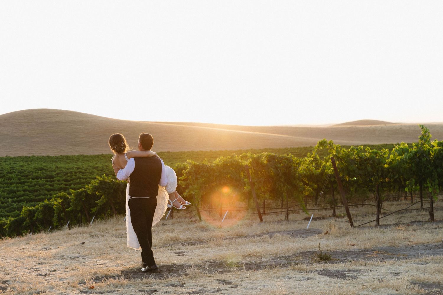 Couple standing among vineyard rows at sunset with rolling hills in background.