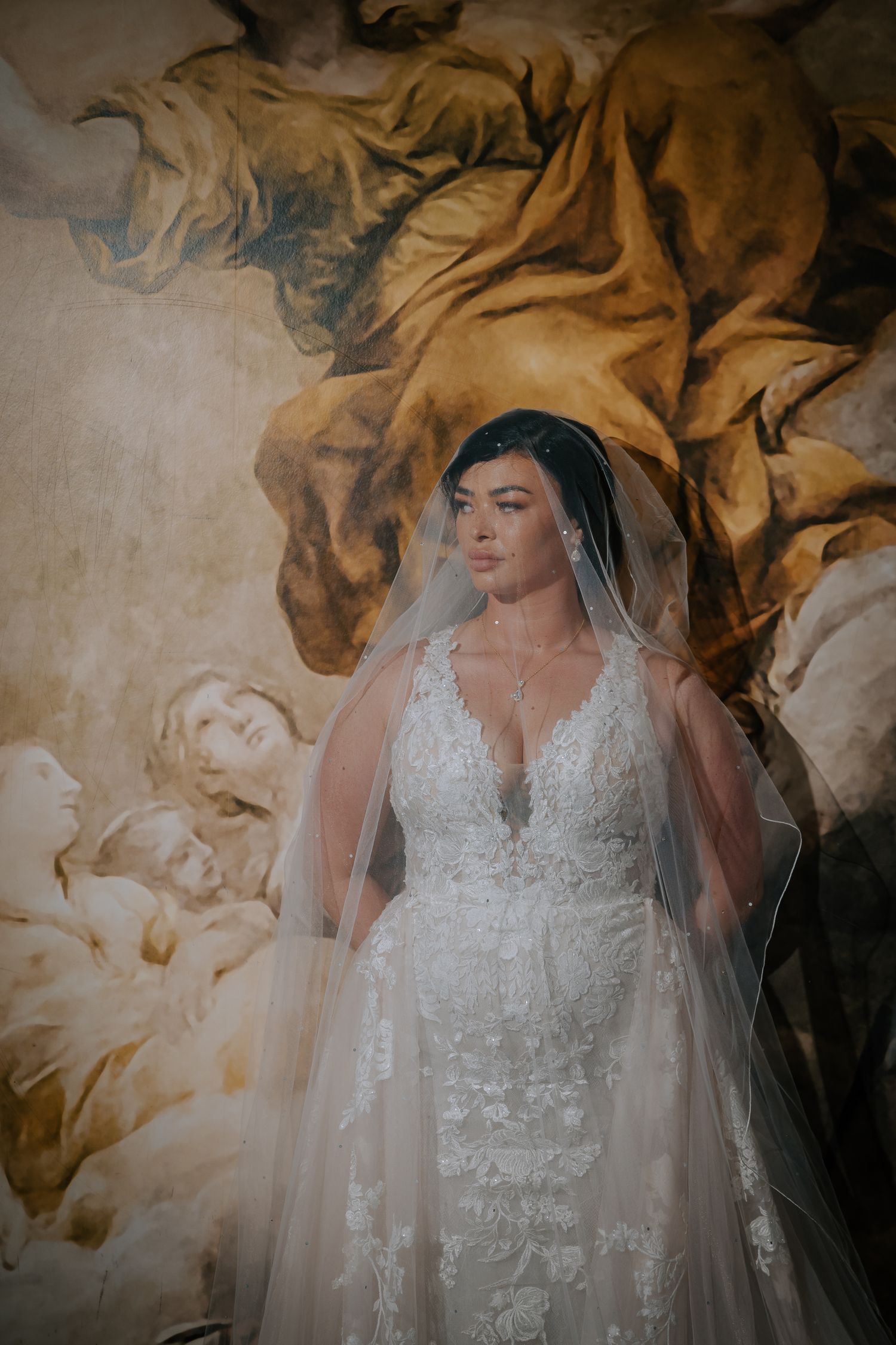 Artistic bridal portraits with an ornate painted wall backdrop showcasing an elegant lace wedding gown.