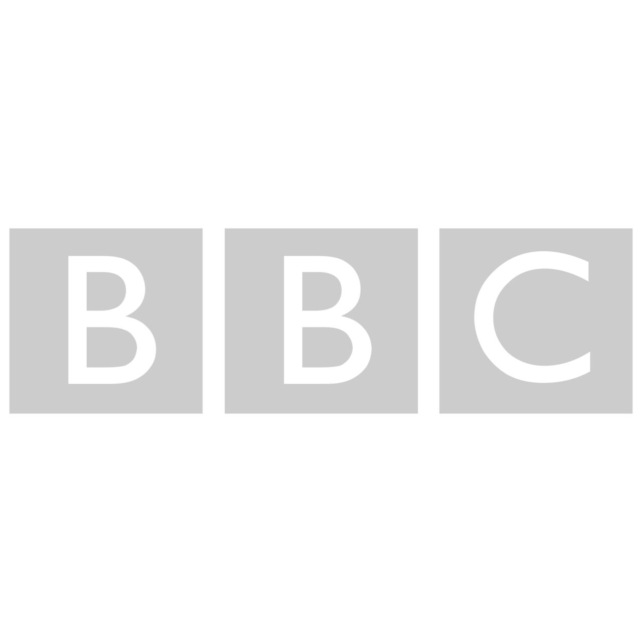 The BBC logo featuring three squares with letters B B C in white on gray background.