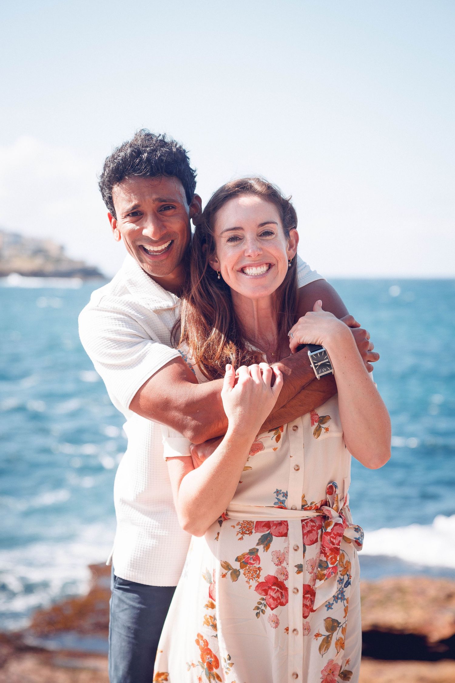 couple hugging for engagement photo in sydney by sam haber