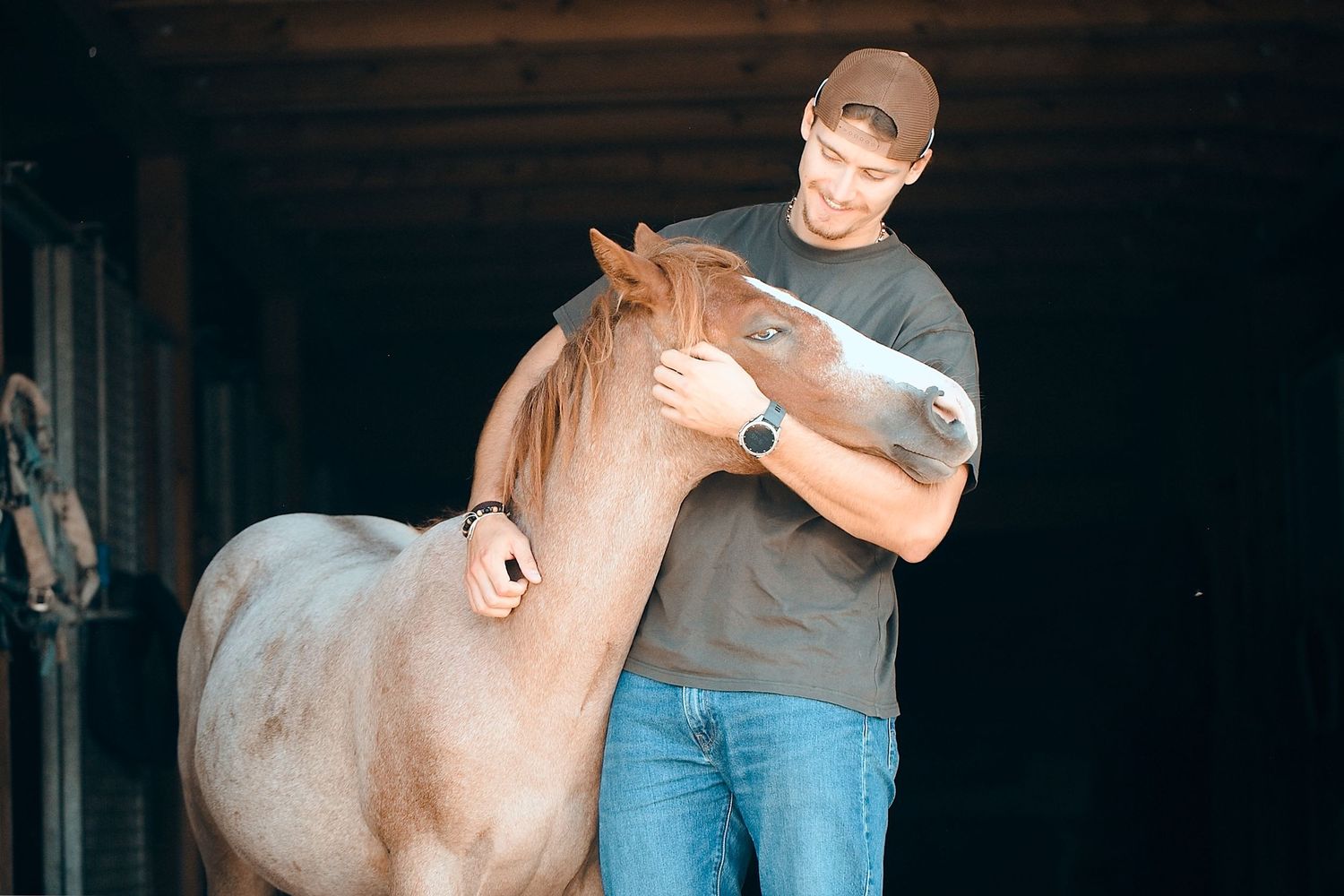 Horse receiving gentle care and attention in a dimly lit stable.