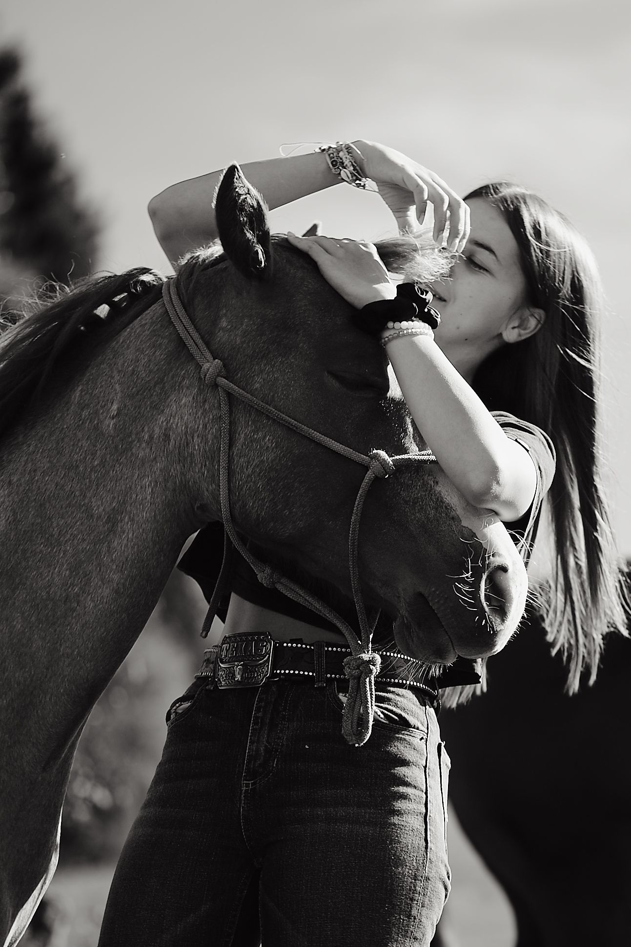 Artistic black and white photo of a horse and rider connection.