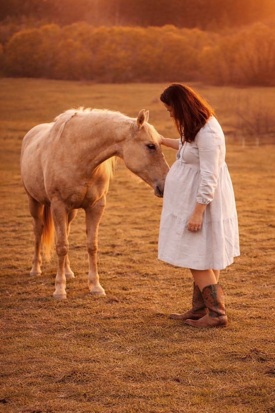 Pregnant woman in white dress and cowboy boots gently pets a palomino horse in a golden sunset field.