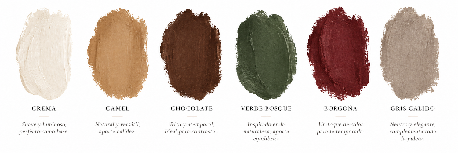 Six cosmetic powder swatches in cream, camel, chocolate, forest green, burgundy, and gray tones with Spanish color names.