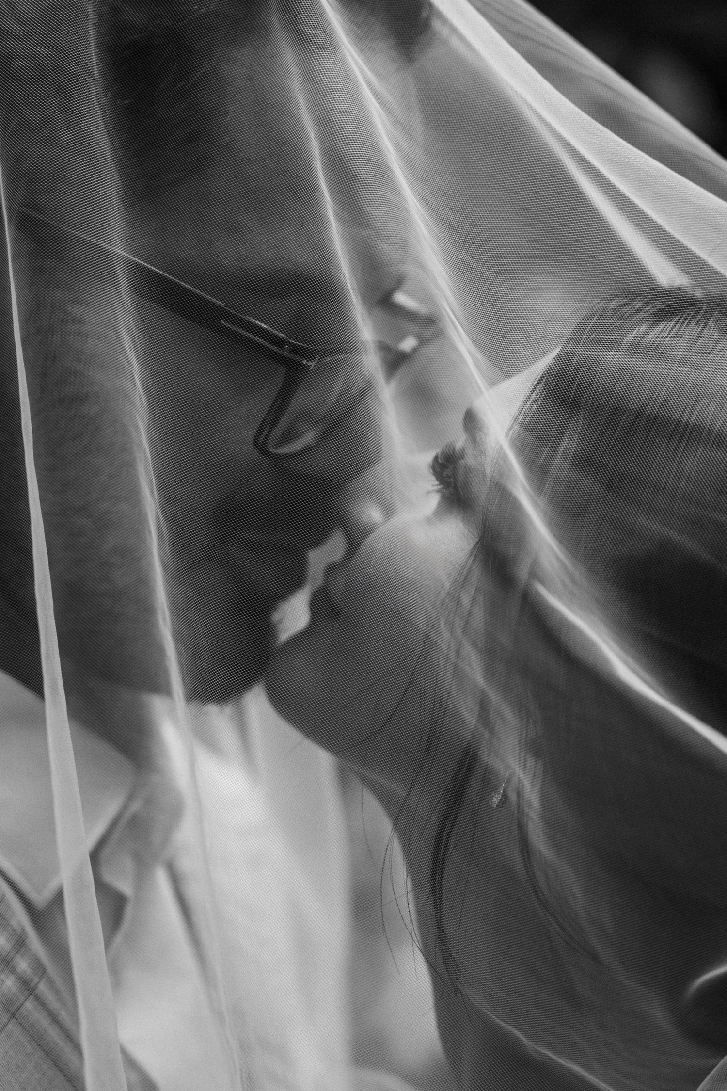 Black and white photo of a bride and groom sharing a romantic kiss under a sheer wedding veil.