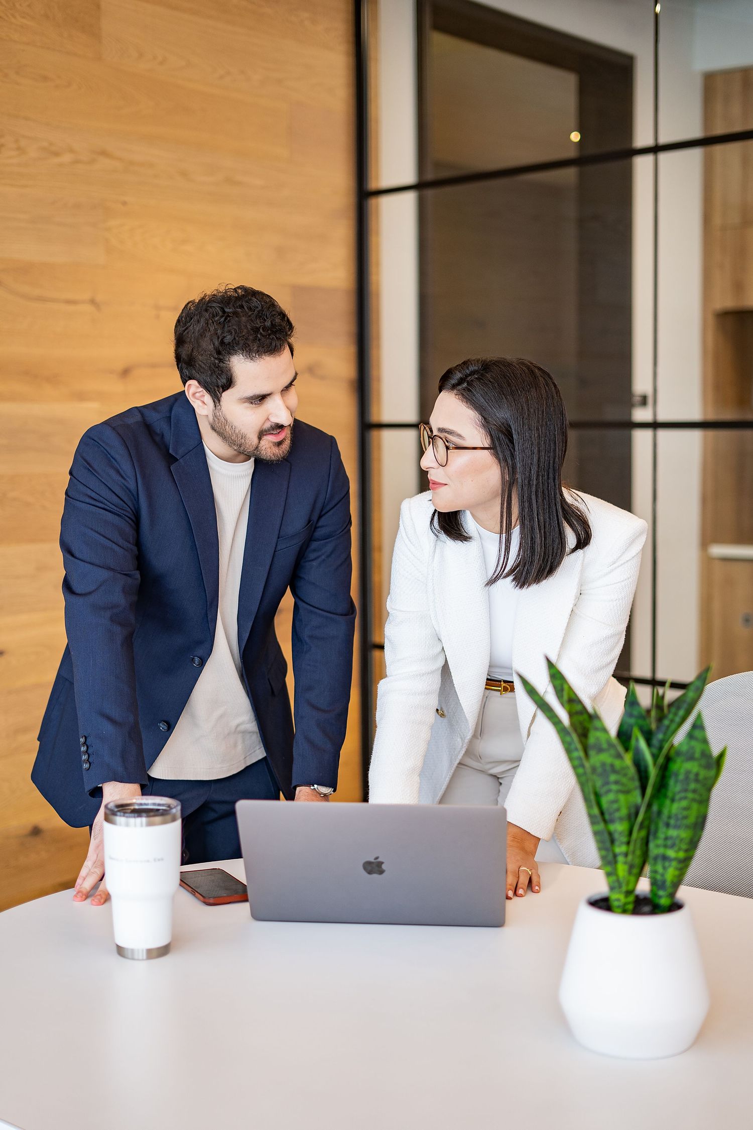 Business meeting scene with professionals discussing over laptop in modern office.