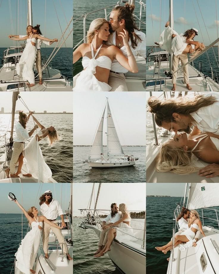 Romantic couple in white outfits posing on a sailboat collage, featuring sailing, embracing, and kissing on open water.