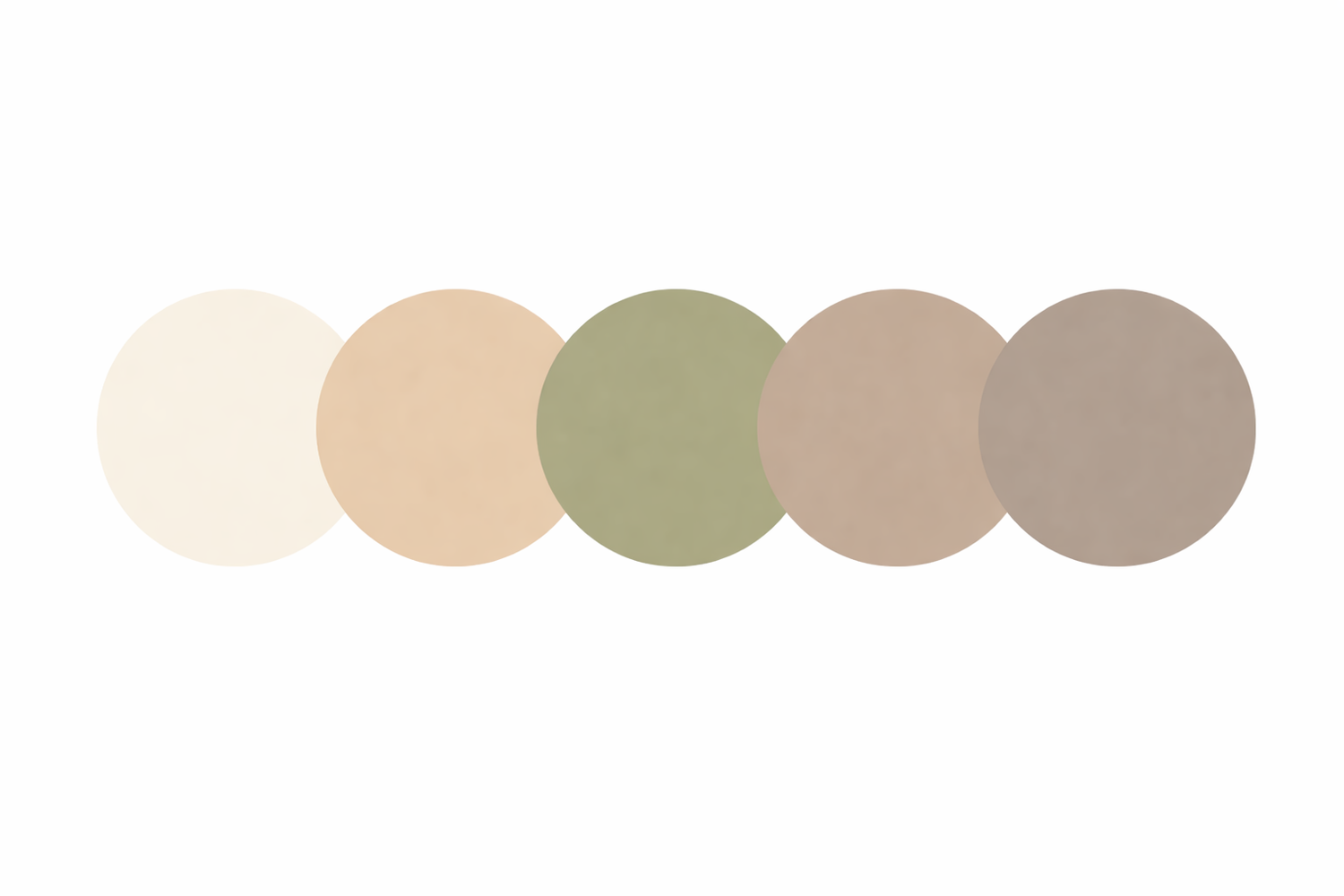 A muted color palette featuring five circular swatches in cream, beige, sage green, taupe, and gray tones.