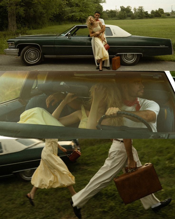 A romantic couple embraces by a vintage black Cadillac, then drives and runs together carrying a suitcase.