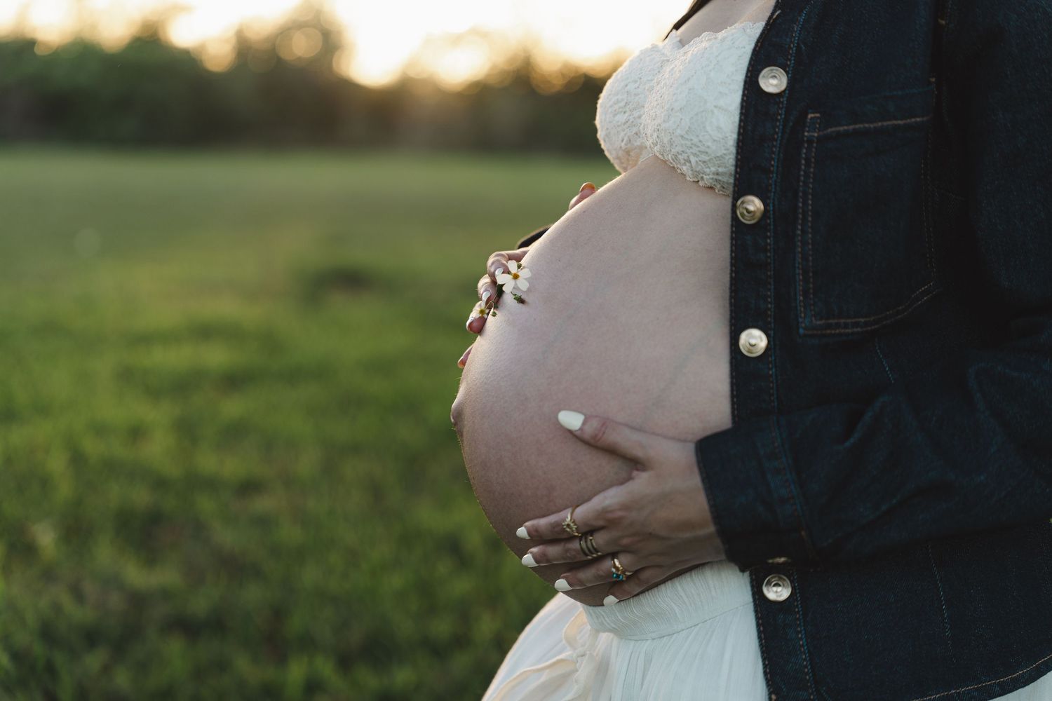 Pregnant woman in denim jacket cradling baby bump in a green field at golden hour sunset.