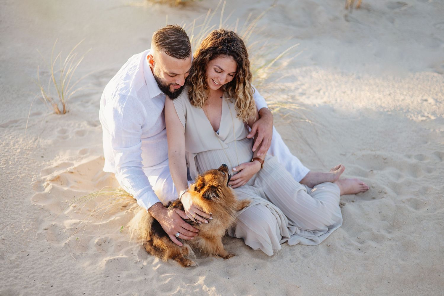 Un couple est assis sur une plage de sable avec un chien, partageant des moments intimes au coucher du soleil