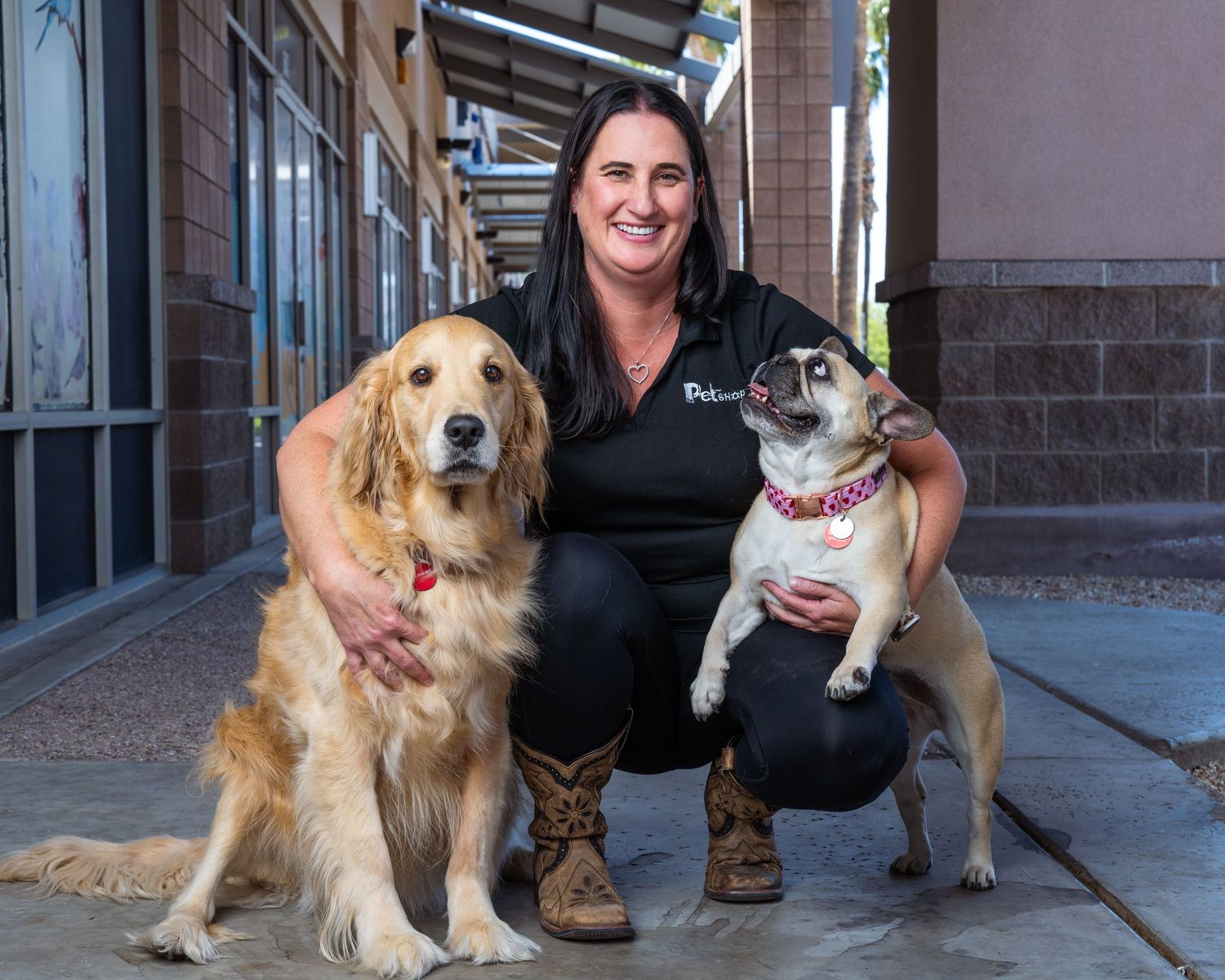 An on-location 'People & Pups' portrait session in Mesa, featuring a woman kneeling between her Golden Retriever and Pug.