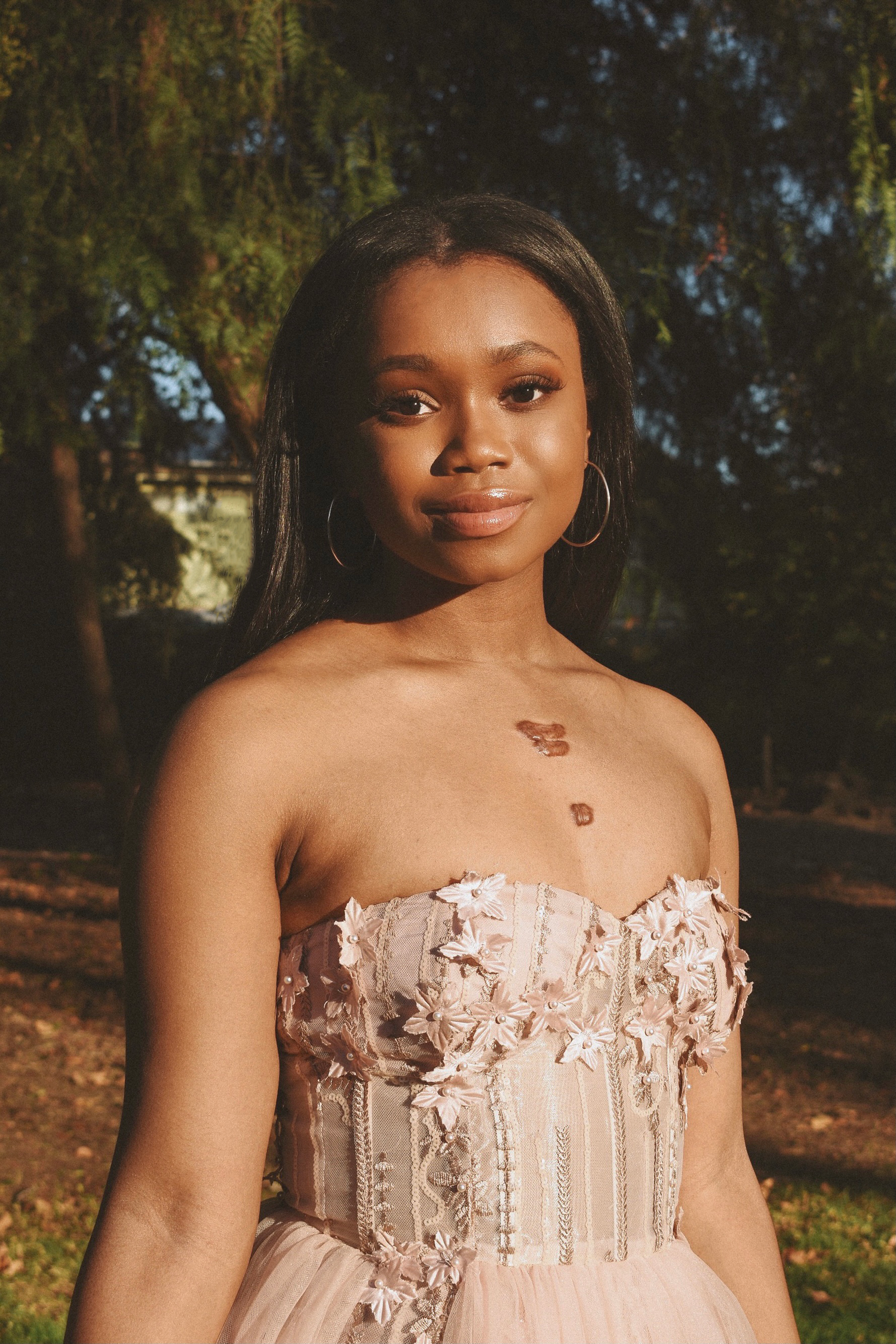 A strapless blush gown with structured bodice captured in golden hour lighting.