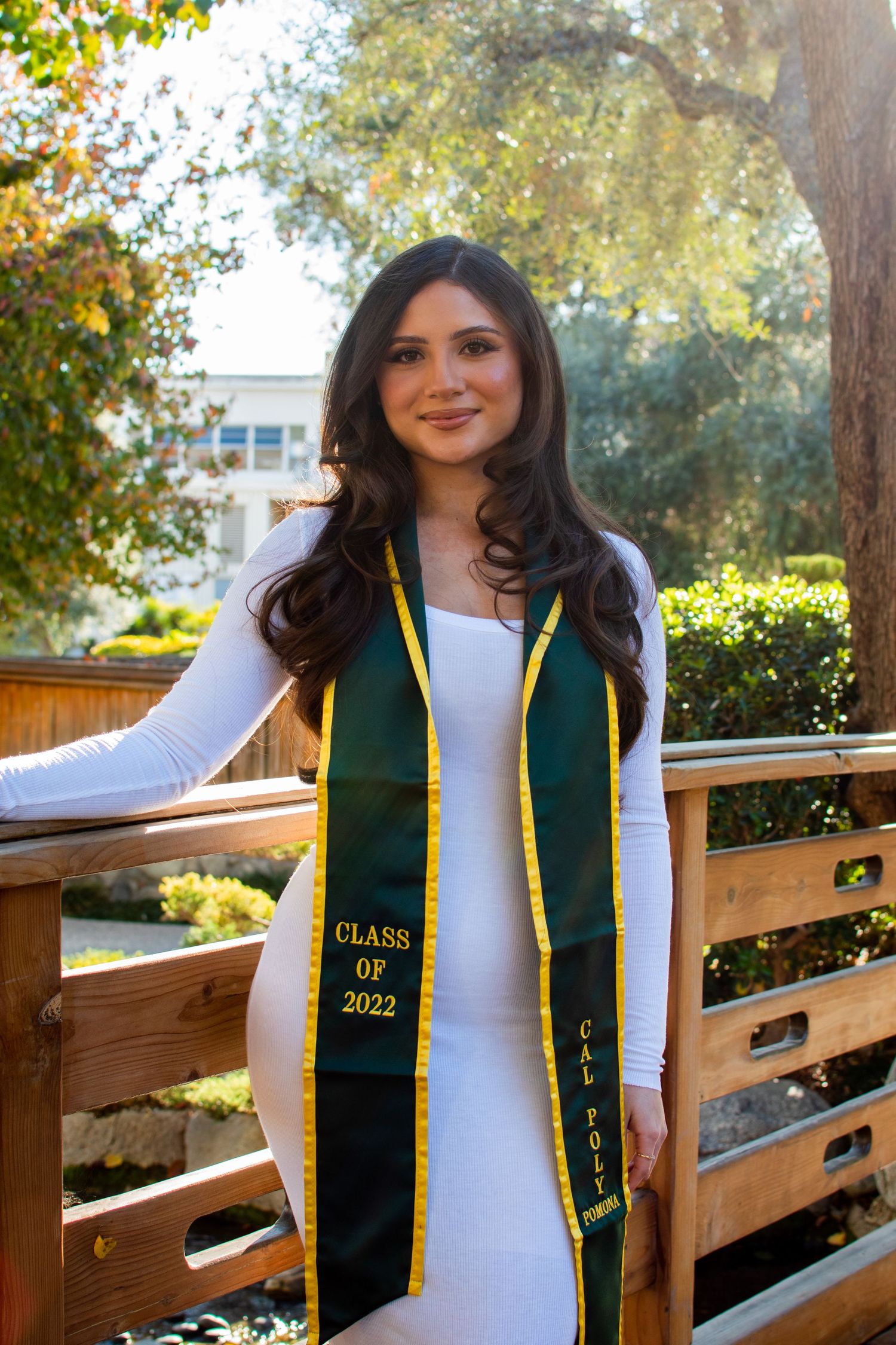 Graduation portraits on wooden bridge showing green and gold stole against autumn foliage.