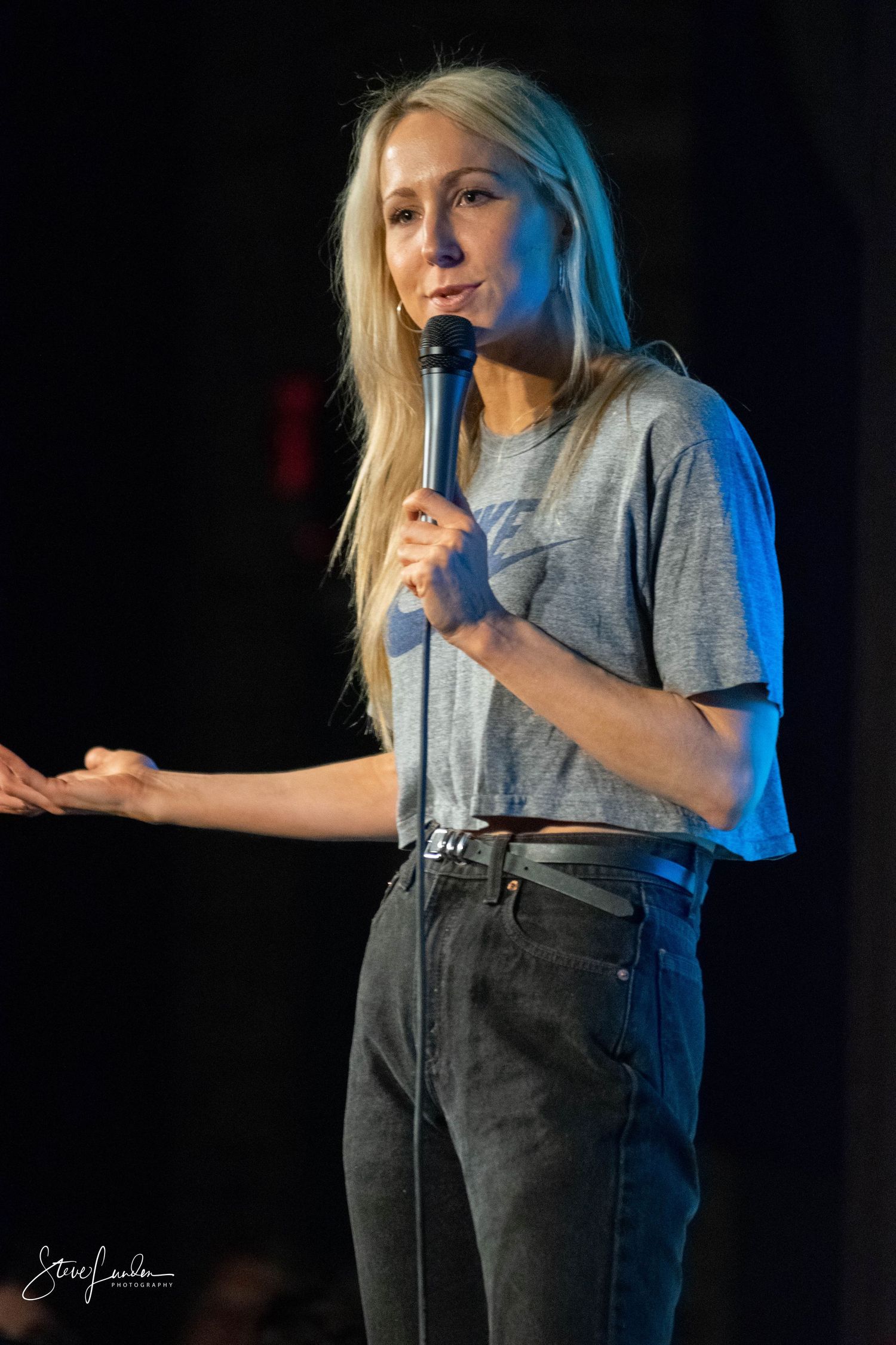 close up of female comedian on stage