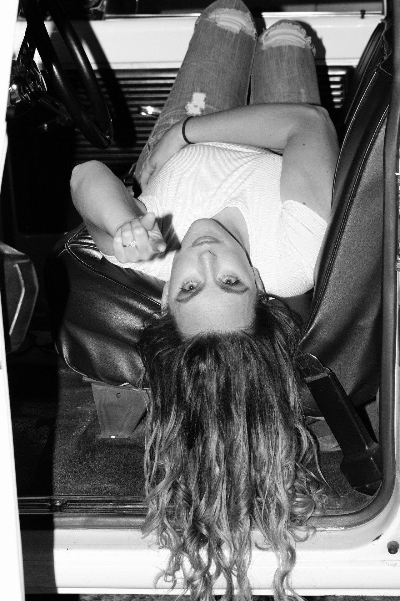 Portrait of female posing in truck, Stone State Park, Sioux City, Iowa