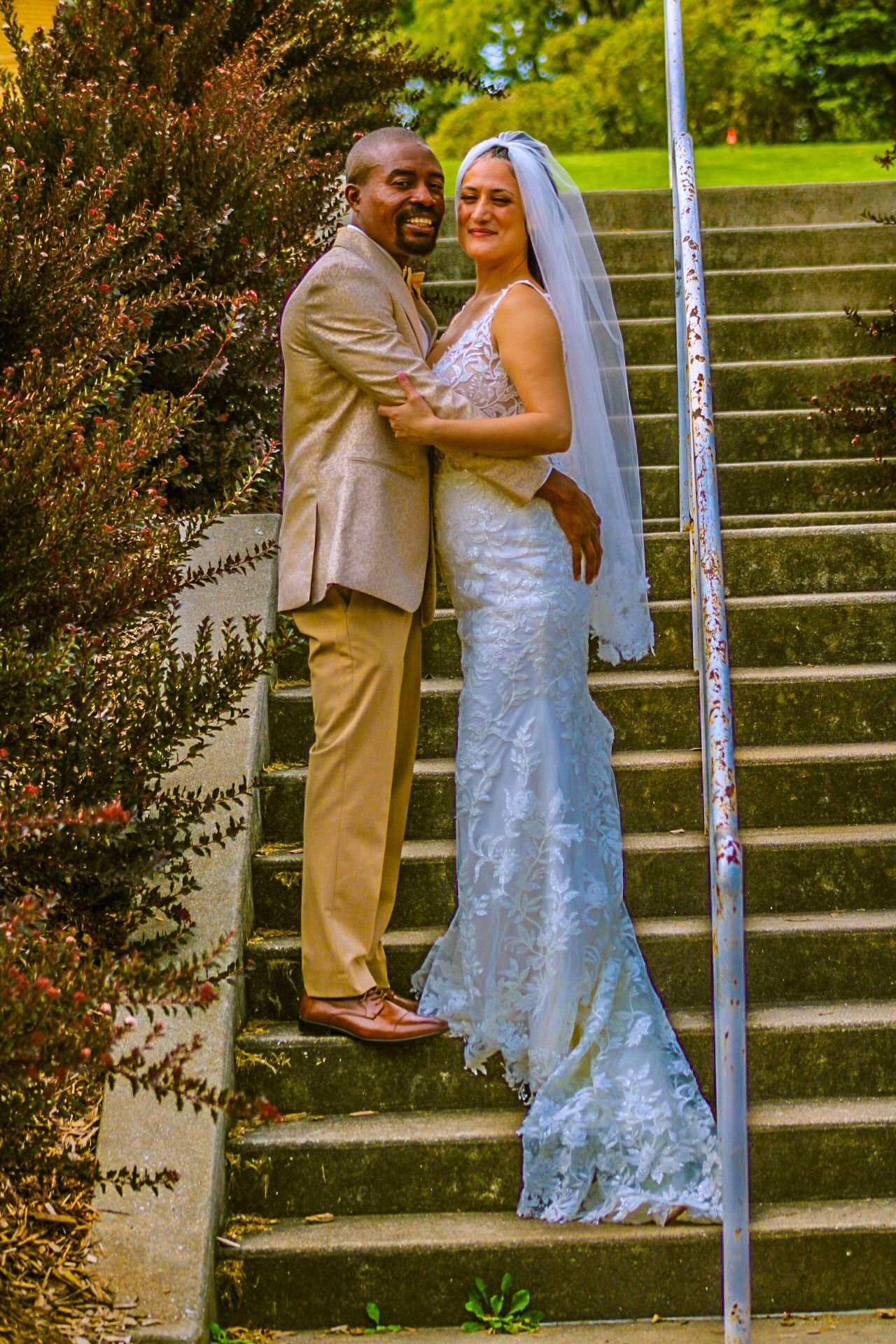 Wedding portrait on steps in Grandview Park, Sioux City, Iowa