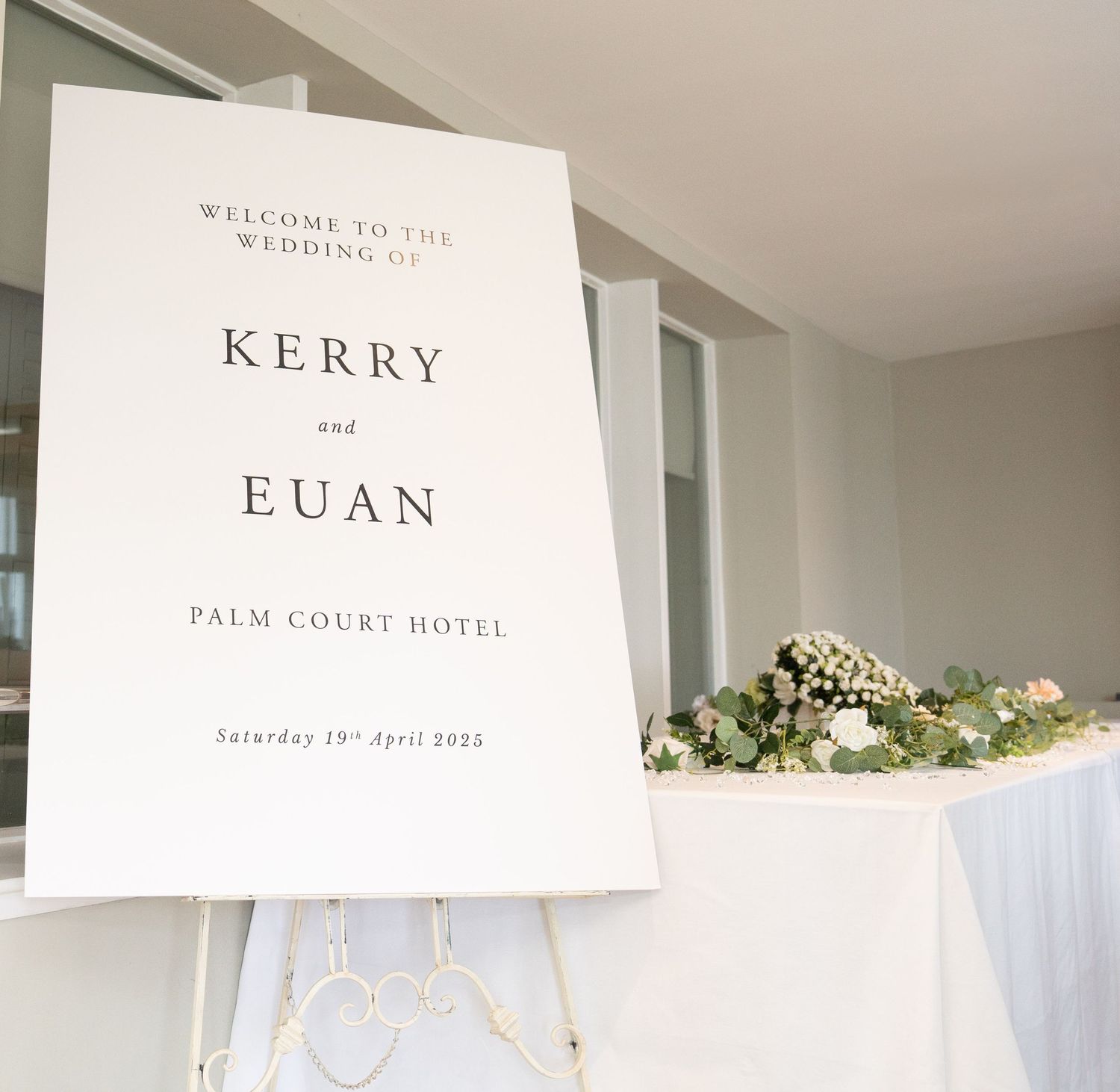 Elegant wedding welcome signs for Kerry and Euan displayed at Palm Court Hotel.