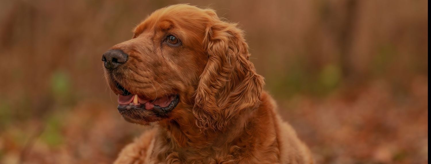 Four sequential photos showing a happy Irish Setter dog with reddish-brown fur playing outdoors.