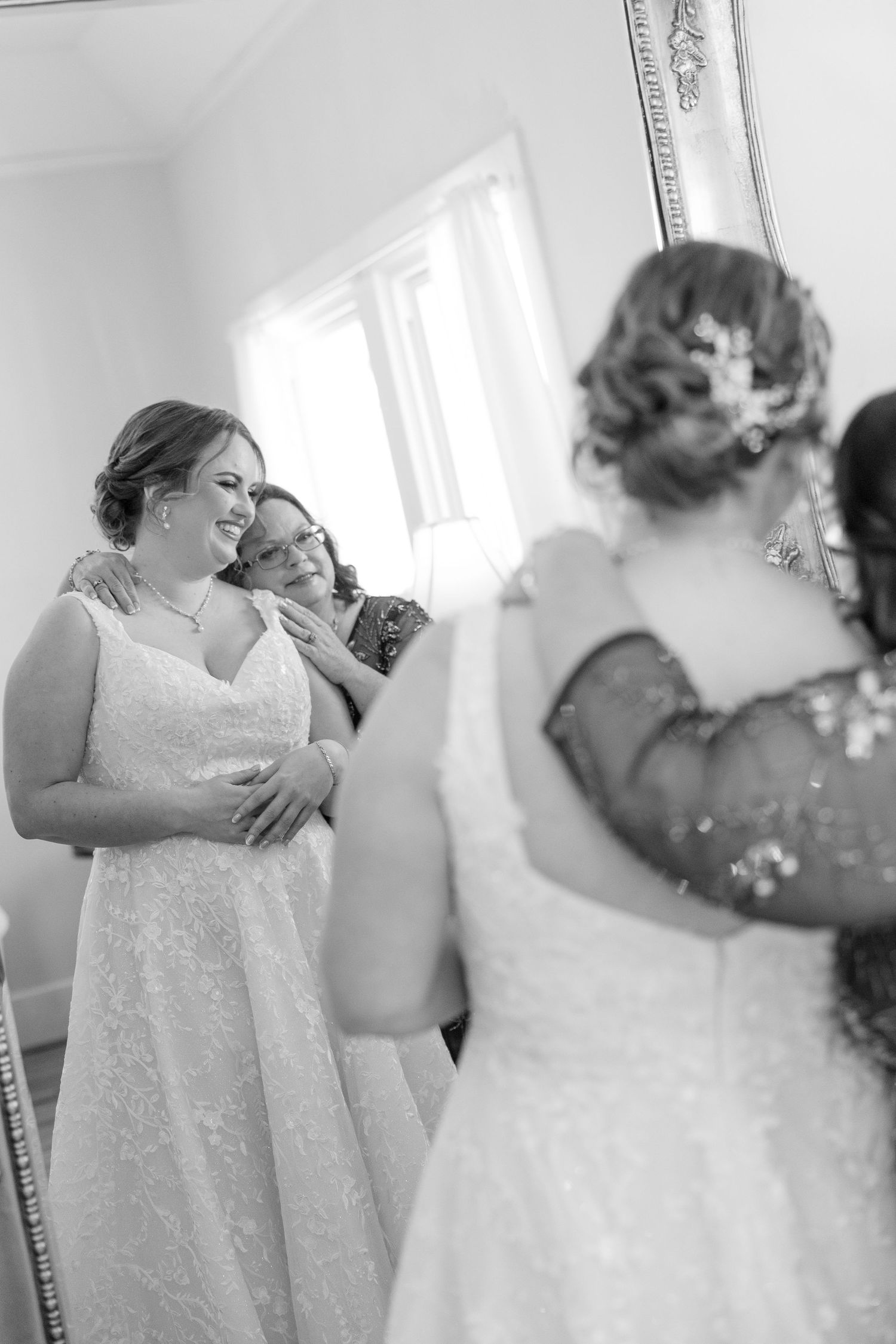 Series of emotional moments captured during wedding preparations in a bright room.