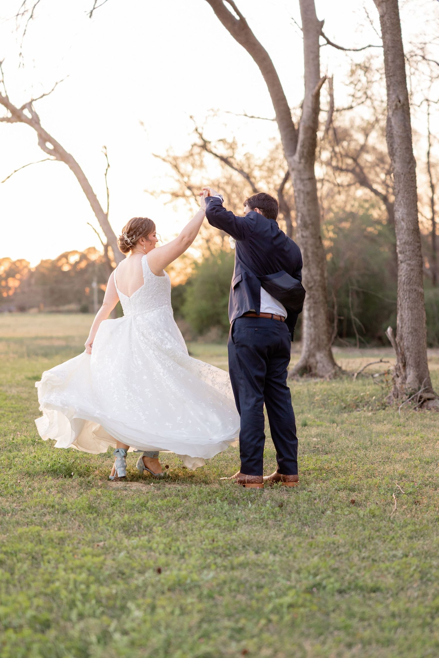 Playful wedding photo sequence outdoors with flowing dress and natural backdrop.