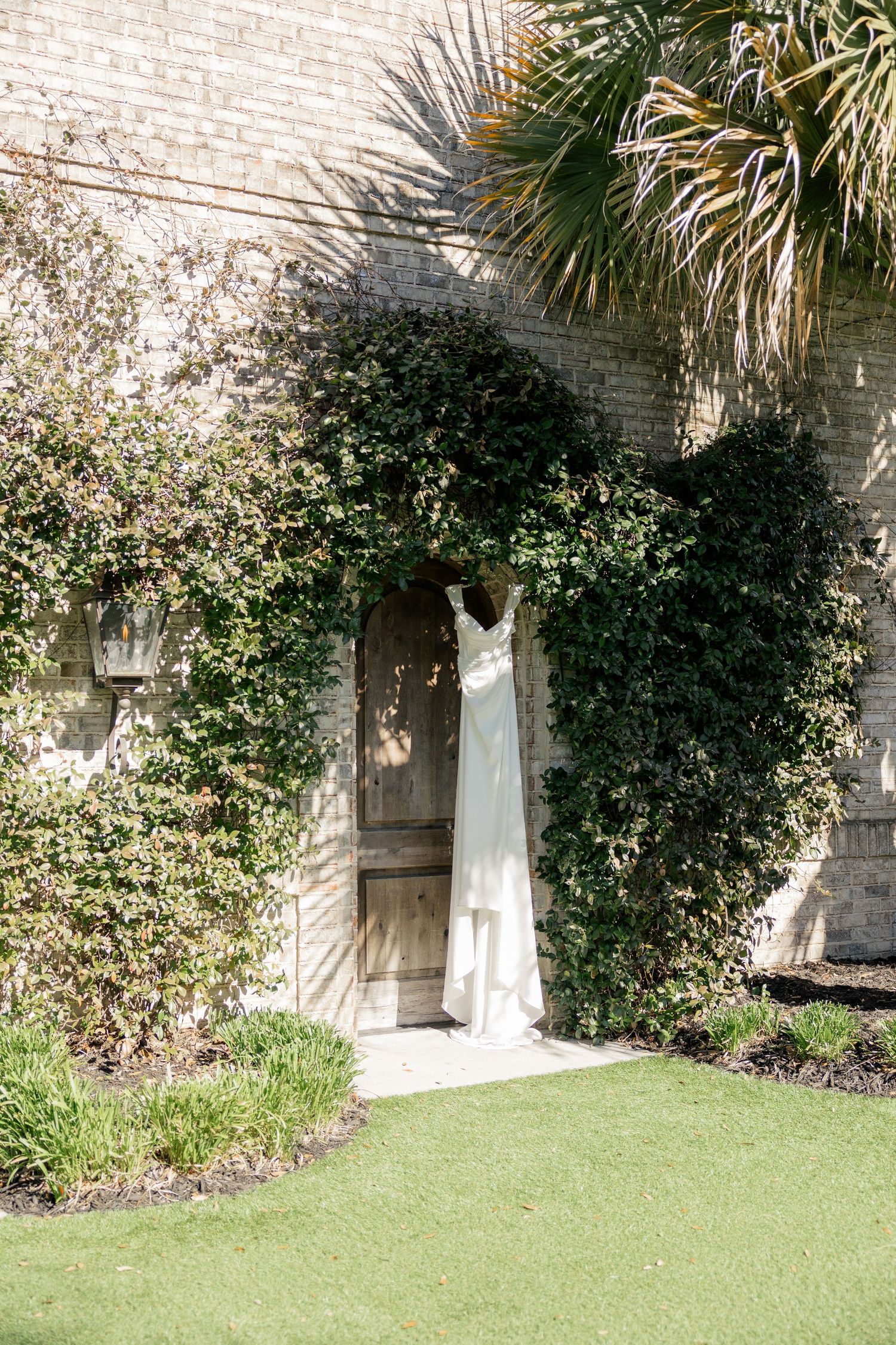 White wedding dress hanging on rustic wooden door surrounded by green vines and palm trees against whitewashed brick wall.