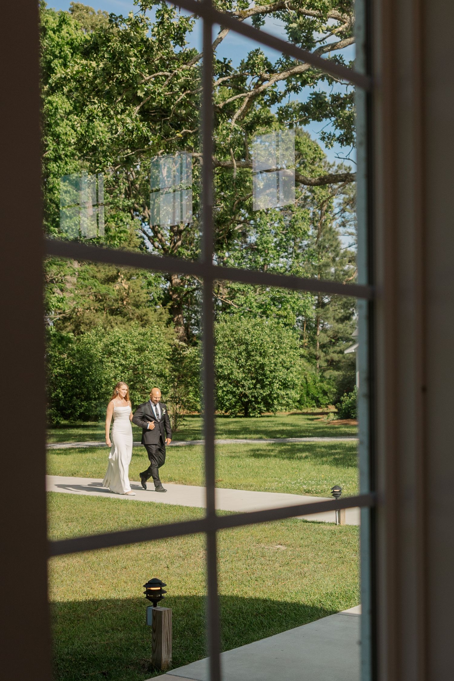 Scenic outdoor garden view with pathway and lush green trees on a sunny day.