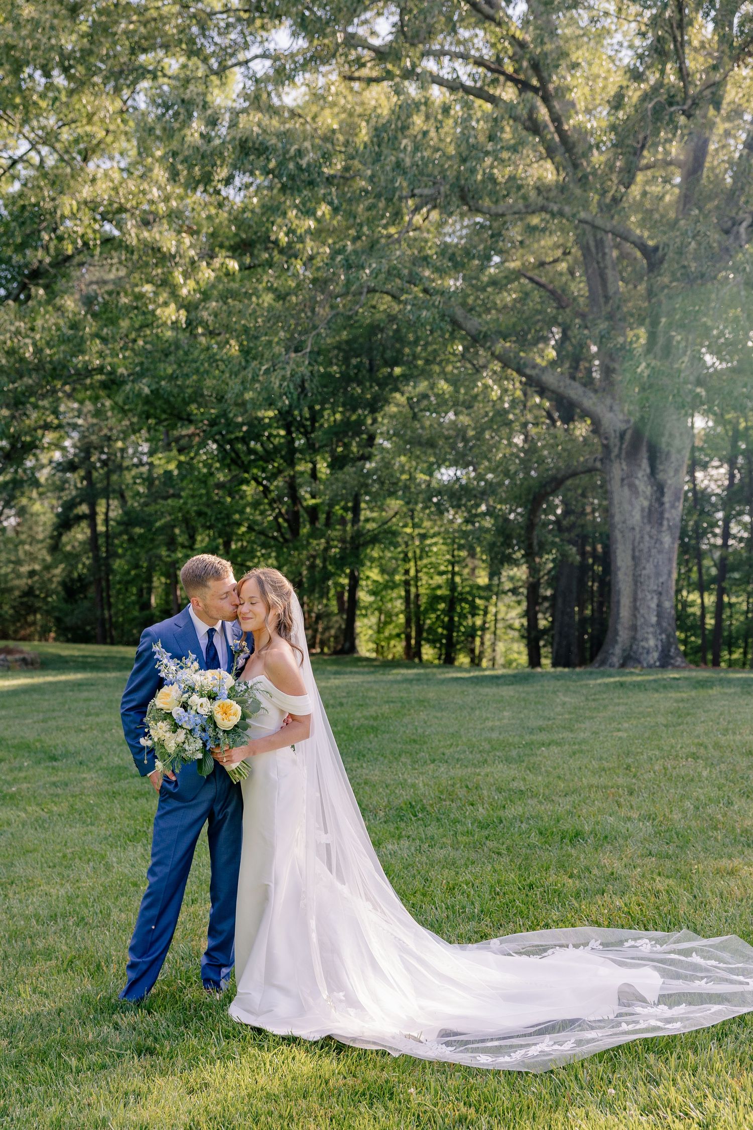 Bride and groom share romantic kiss on lush green lawn with long veil trailing and sunlit trees behind them.