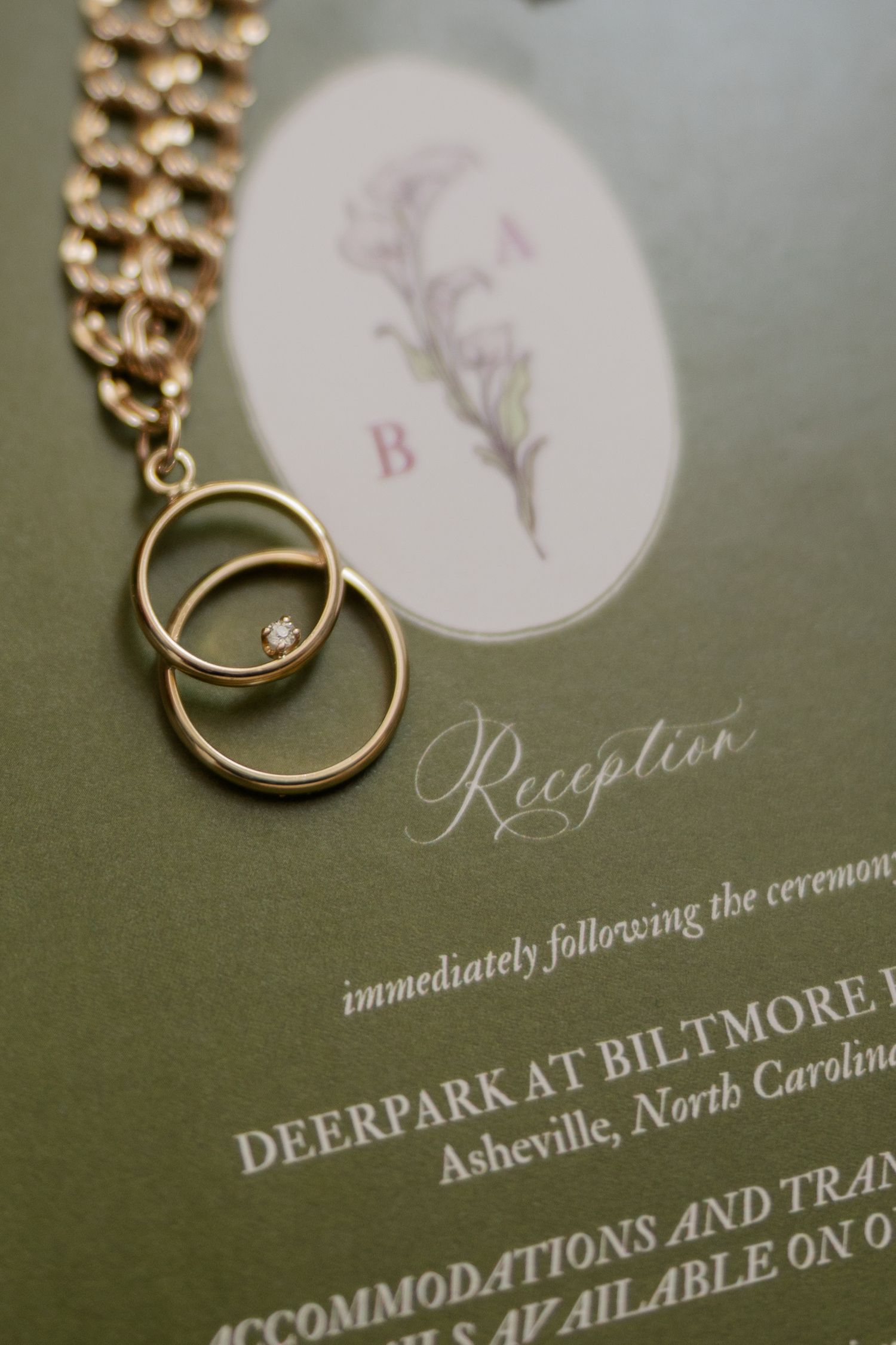 Gold wedding rings and chain on olive green reception invitation for Deerpark at Biltmore Asheville.