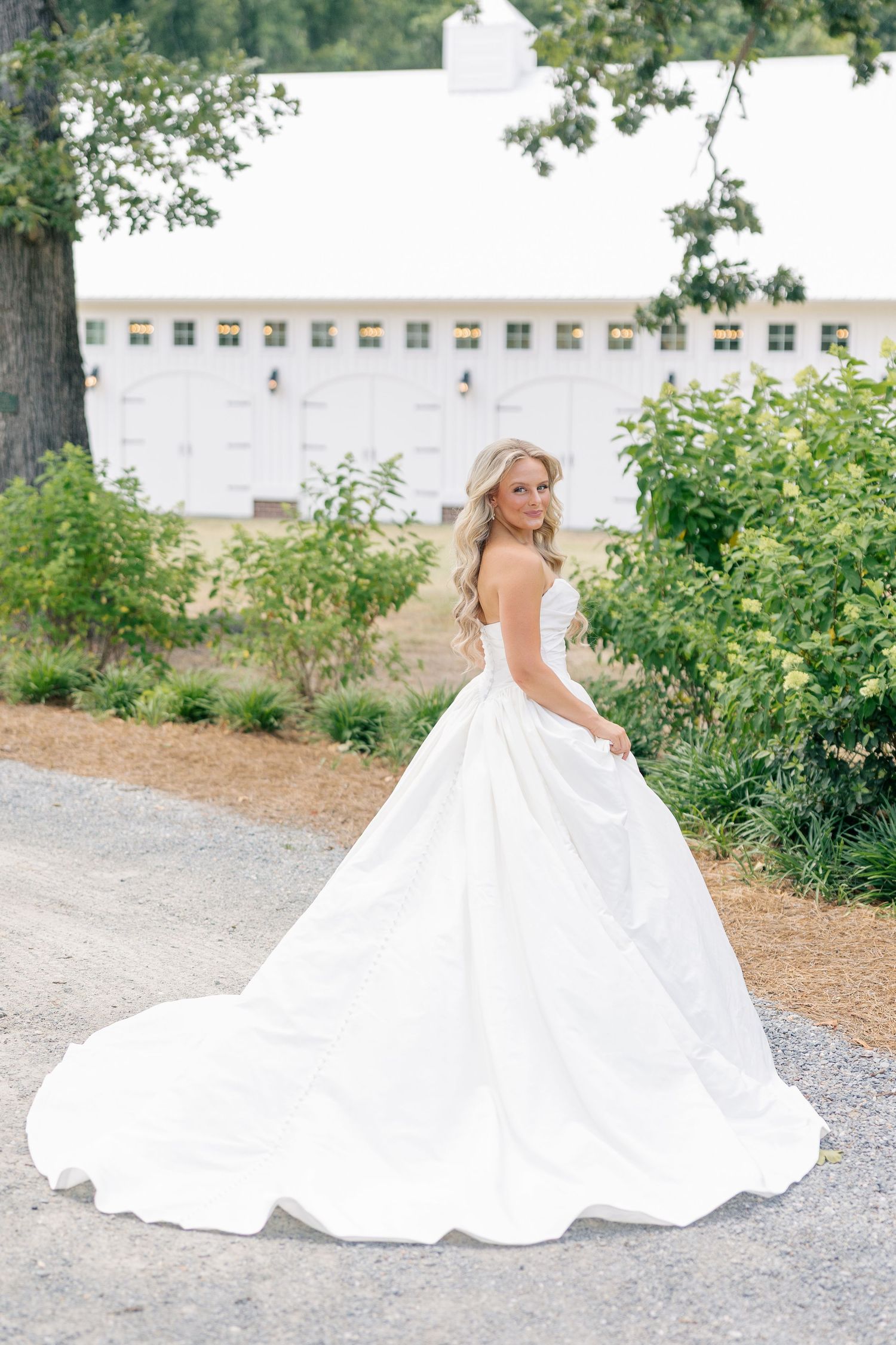 Blonde bride in strapless white ball gown with long train near white barn.