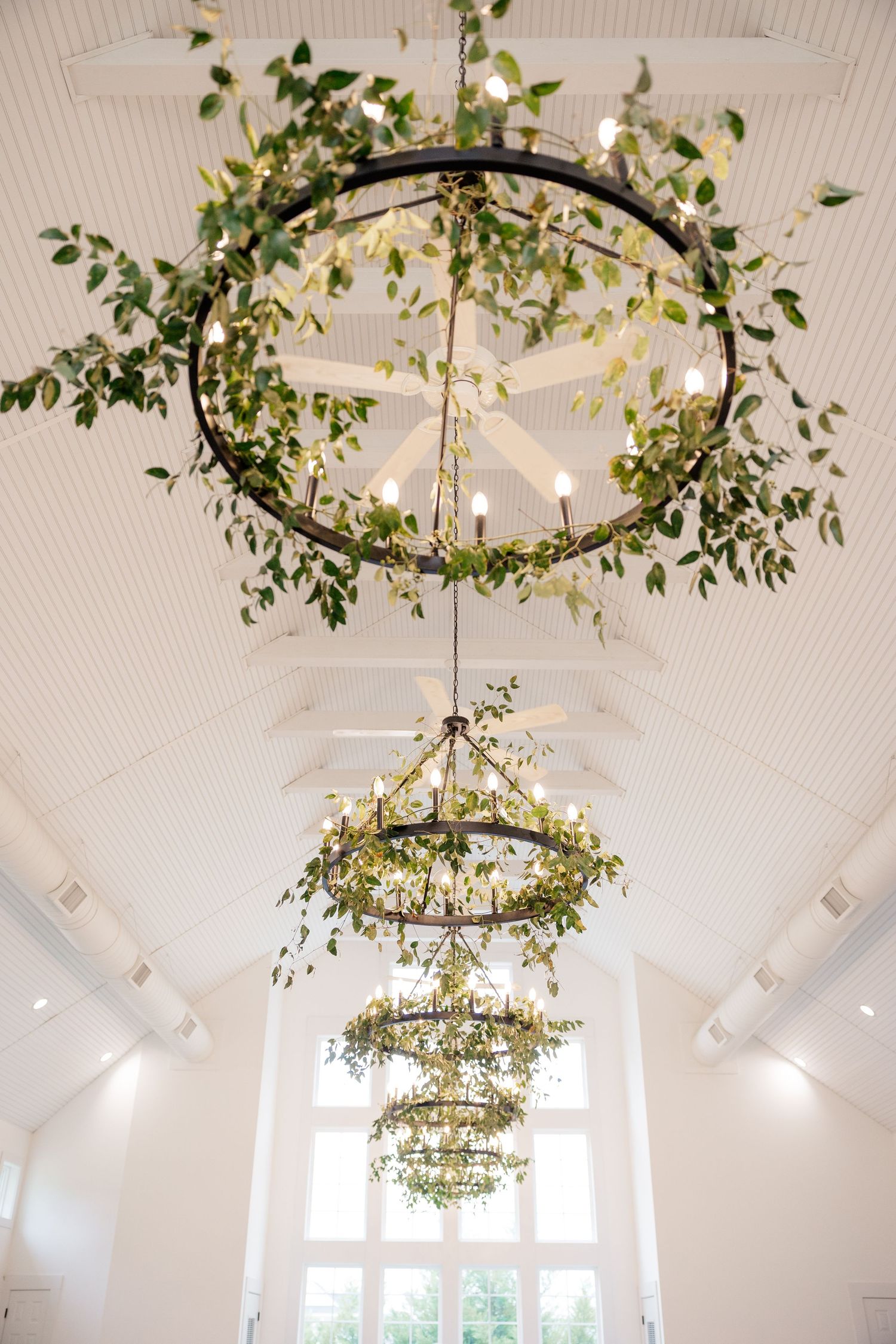 Elegant hoop chandeliers adorned with lush greenery hanging from a white vaulted ceiling in a bright event venue.