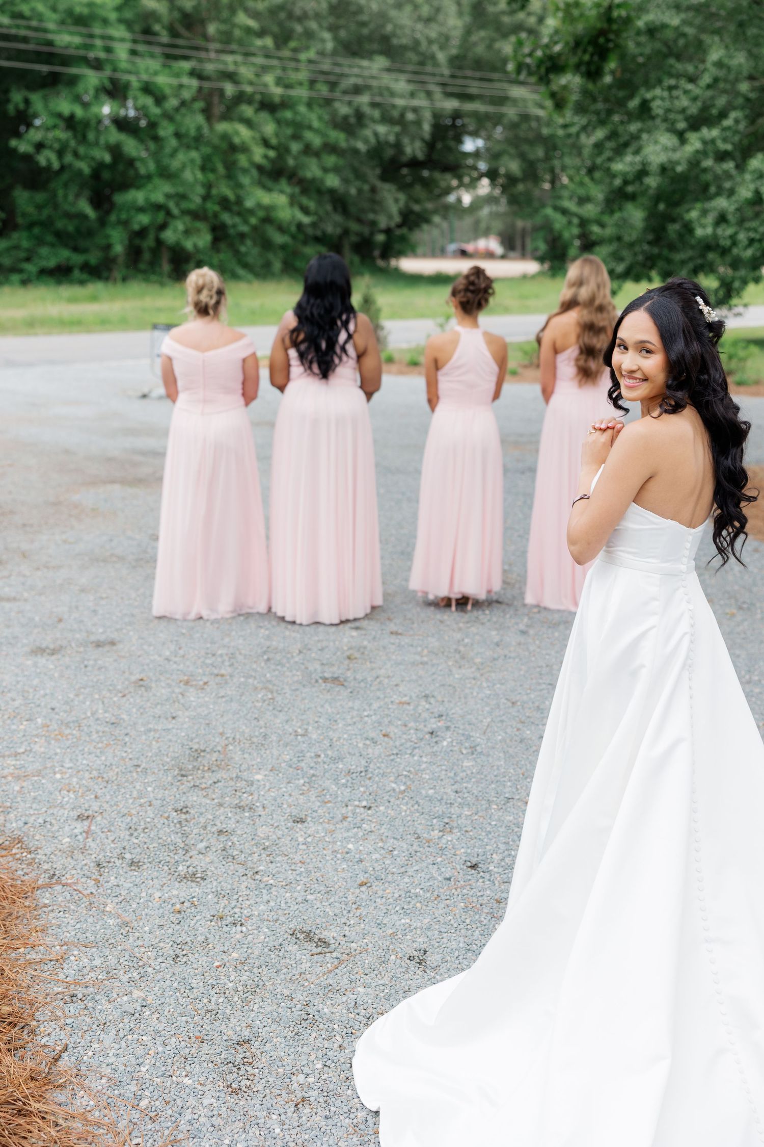 Bridesmaids in soft pink dresses stand with a bride in white against a scenic outdoor backdrop.