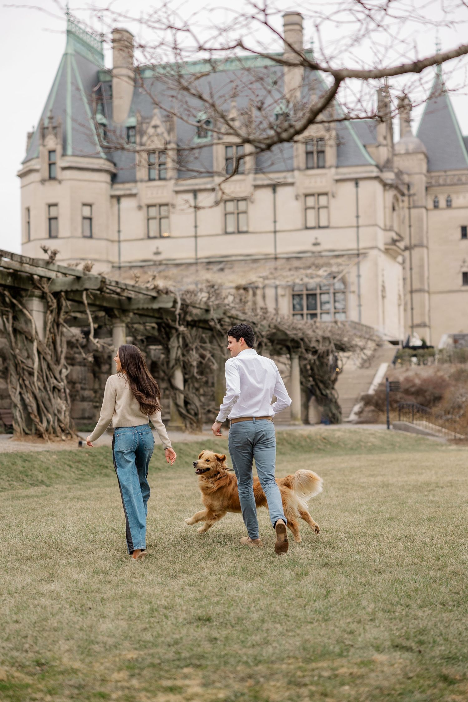 Couple walking their golden retriever on grass lawn with grand Biltmore Estate mansion visible in background.