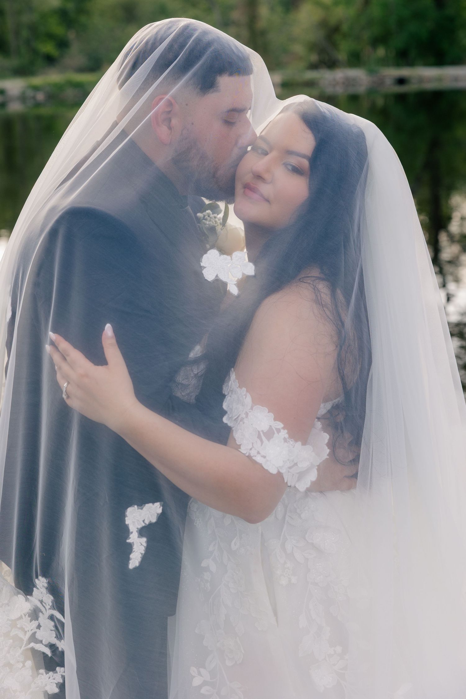Romantic close-up wedding photos showing tender moments between the couple.