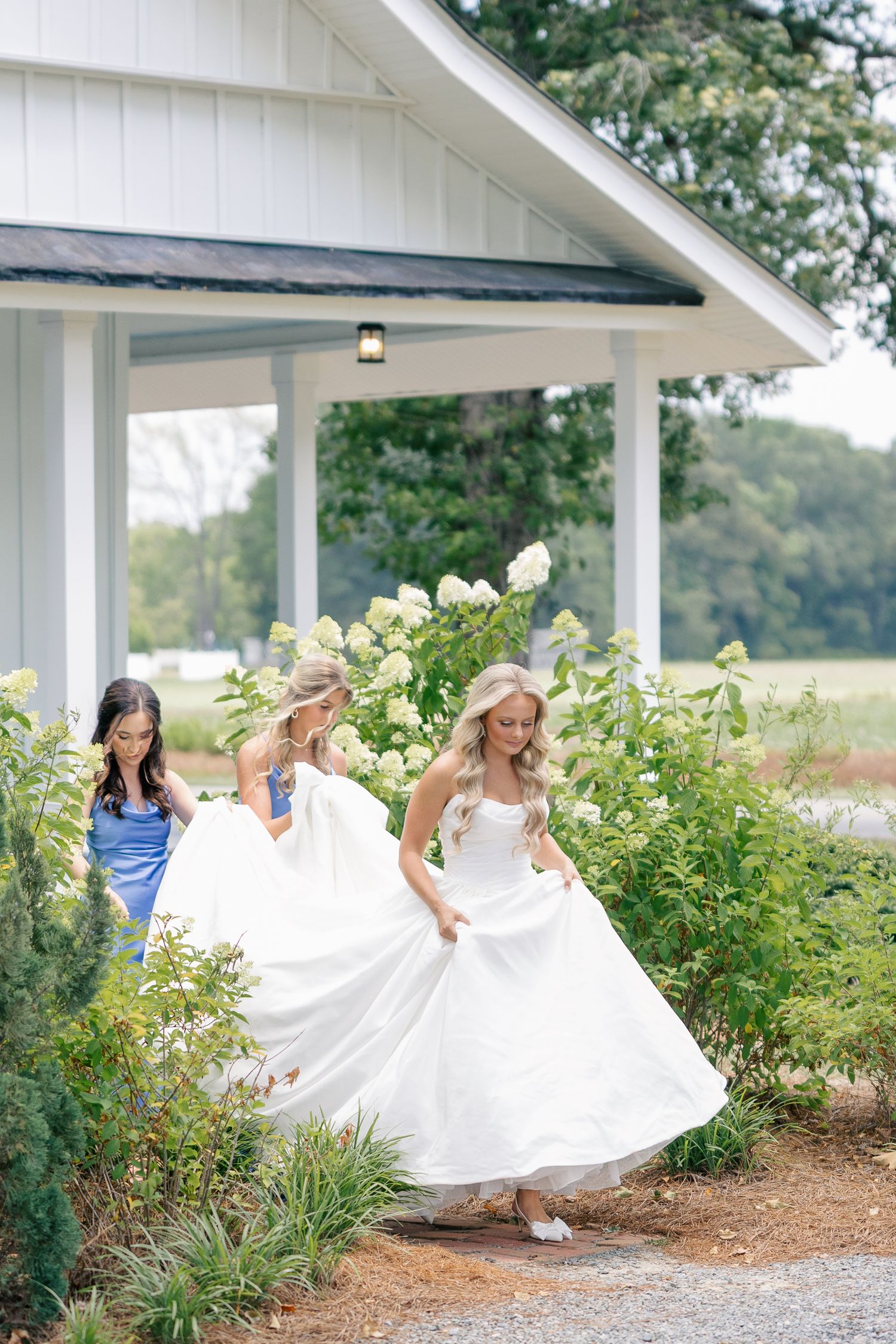 Bride in white ball gown walking with bridesmaids past blooming hydrangeas.
