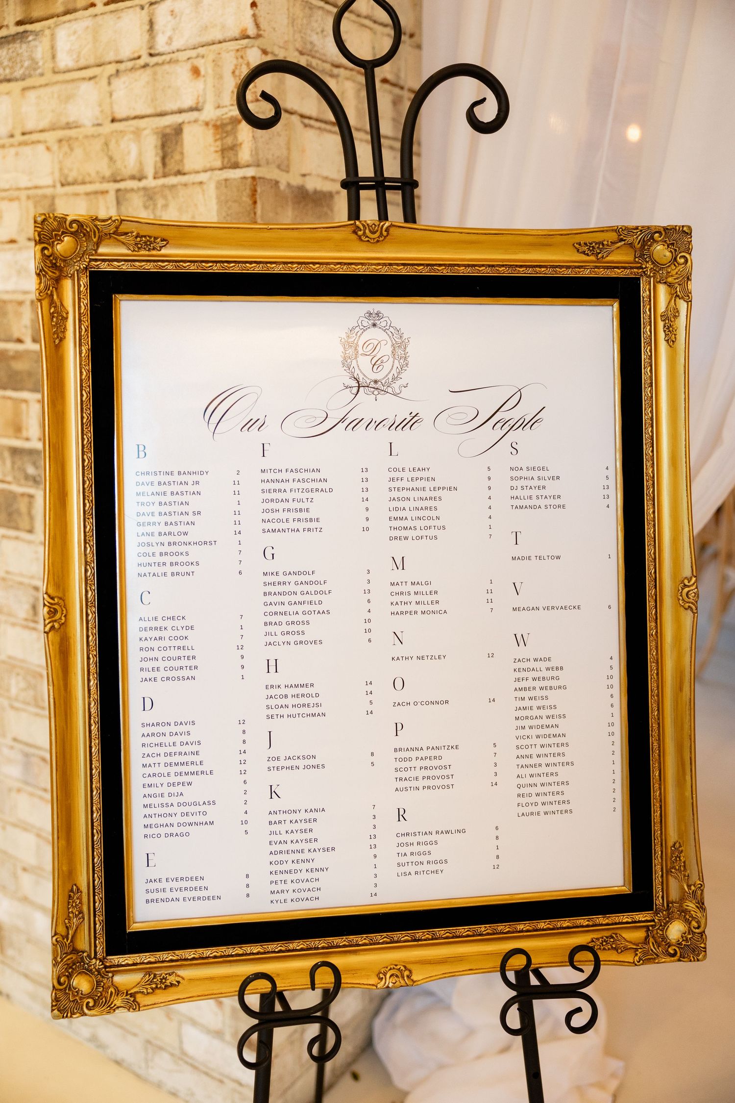 An elegant gold-framed wedding seating chart displayed on an ornate metal stand against a brick wall.