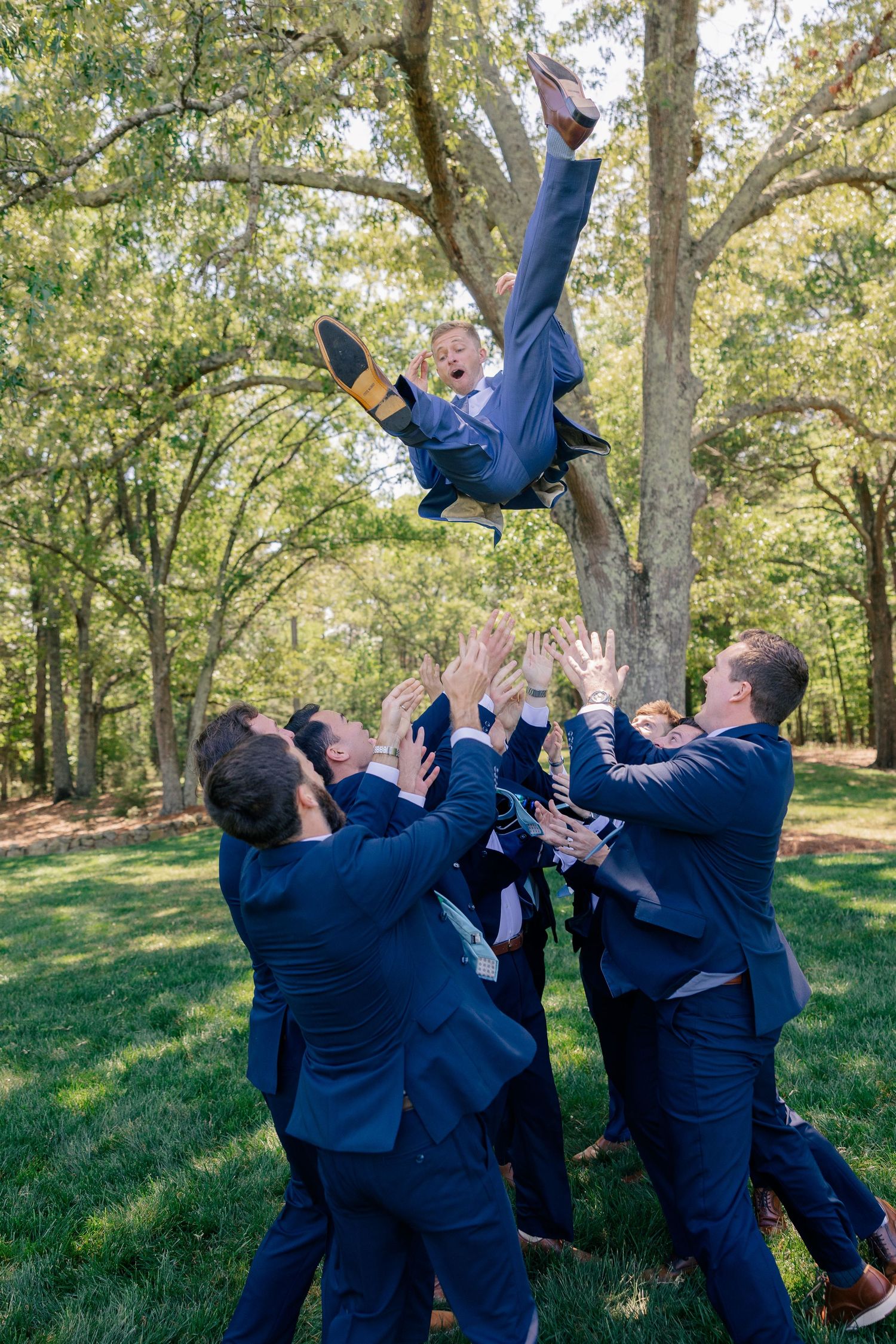 Groomsmen in navy suits toss the groom into the air outdoors in a lush green wooded setting.