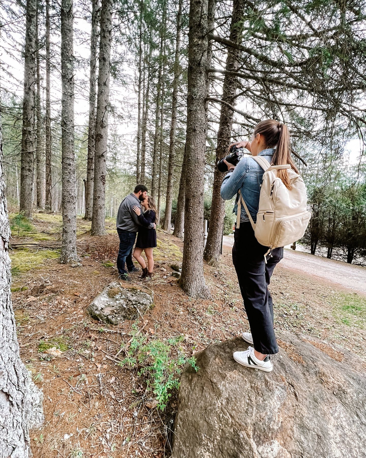 Wedding photographer captures a couple's engagement photos in a serene forest setting.