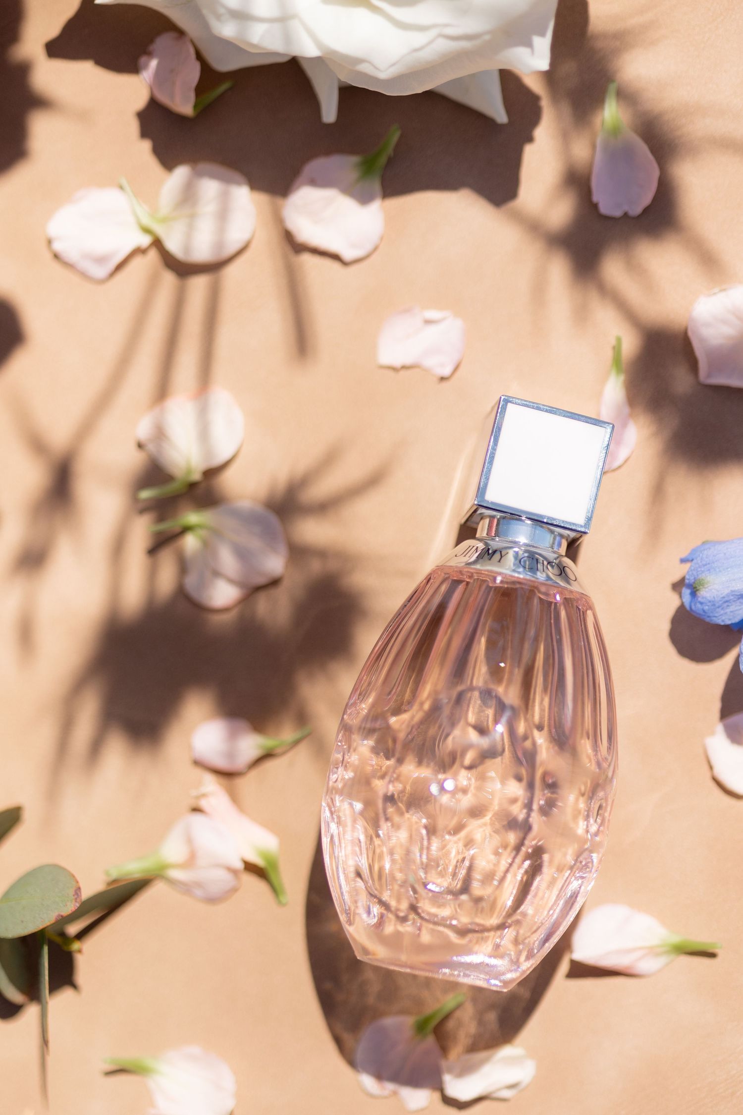 Crystal perfume bottle in soft natural lighting with scattered white flower petals.