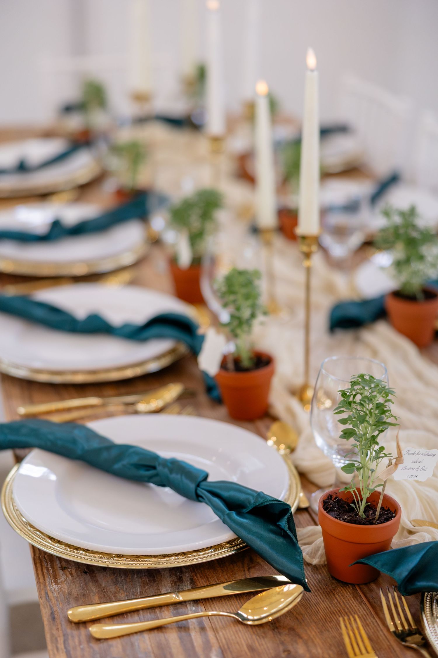Elegant table setting with teal napkins, gold chargers, and potted herb centerpieces.
