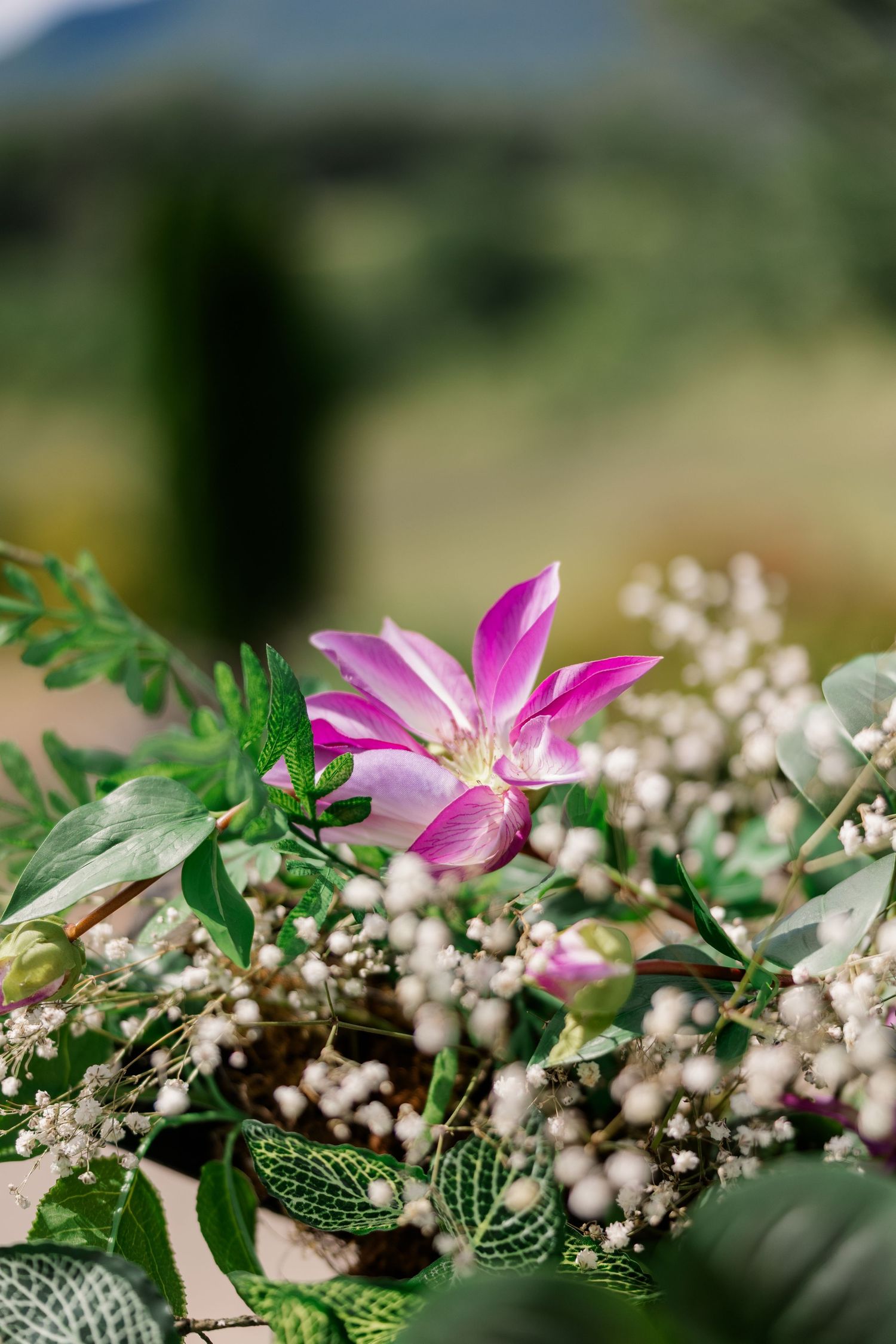 Delicate pink flowers and white baby's breath create an elegant floral arrangement with green foliage.