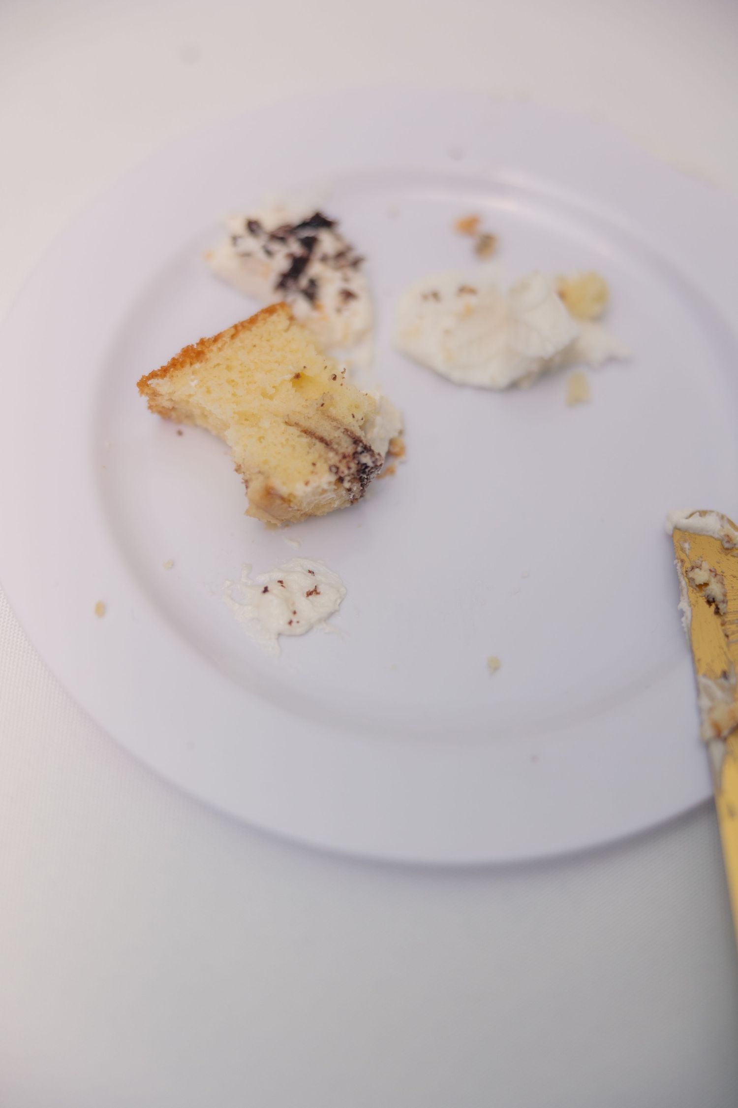 Leftover crumbs and remnants of cake on a white plate after a wedding reception.